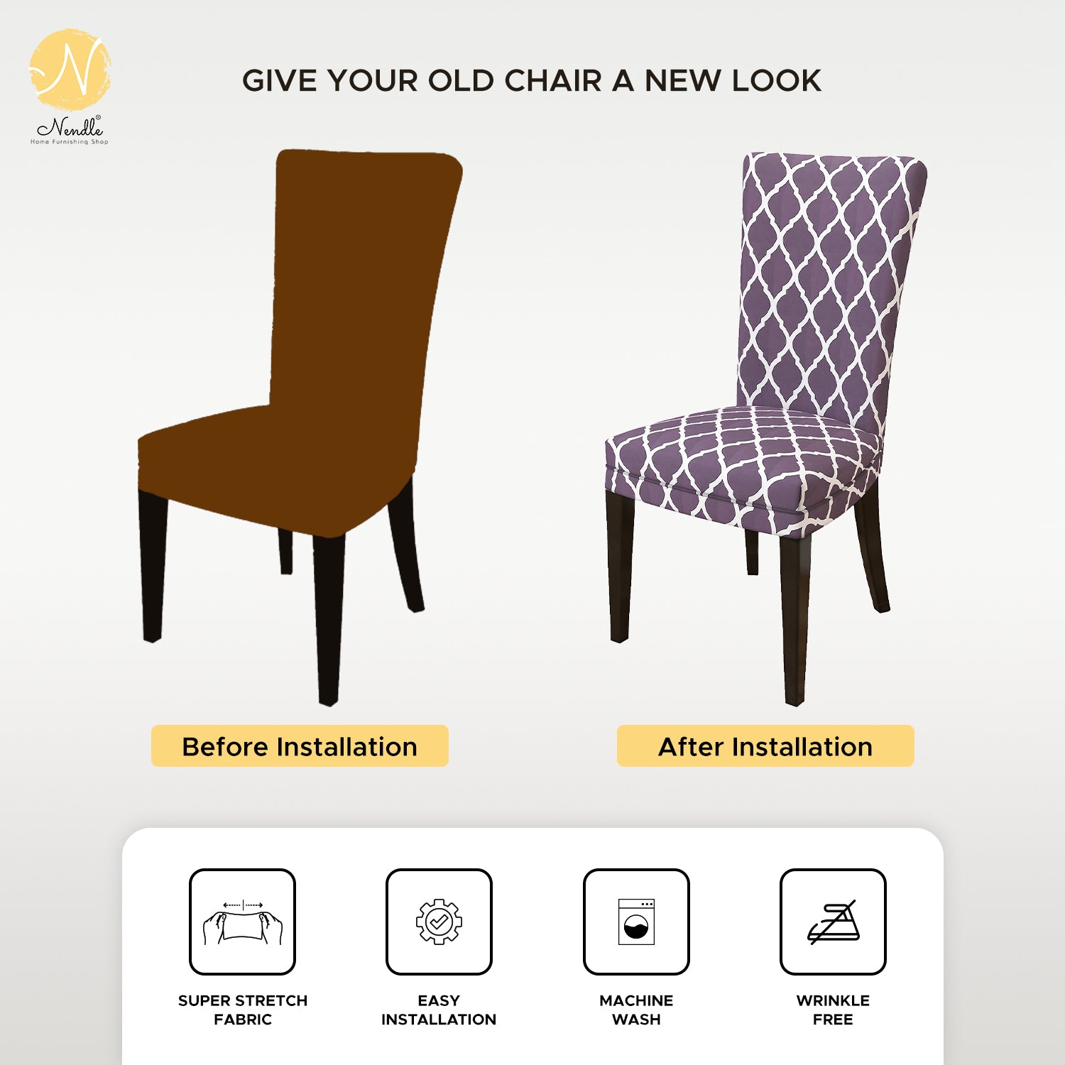 Nendle Elastic/High Stretchable Chair Covers for 4 Seater Dining/Center Table Chairs (4 Pieces, Greyish Purple)