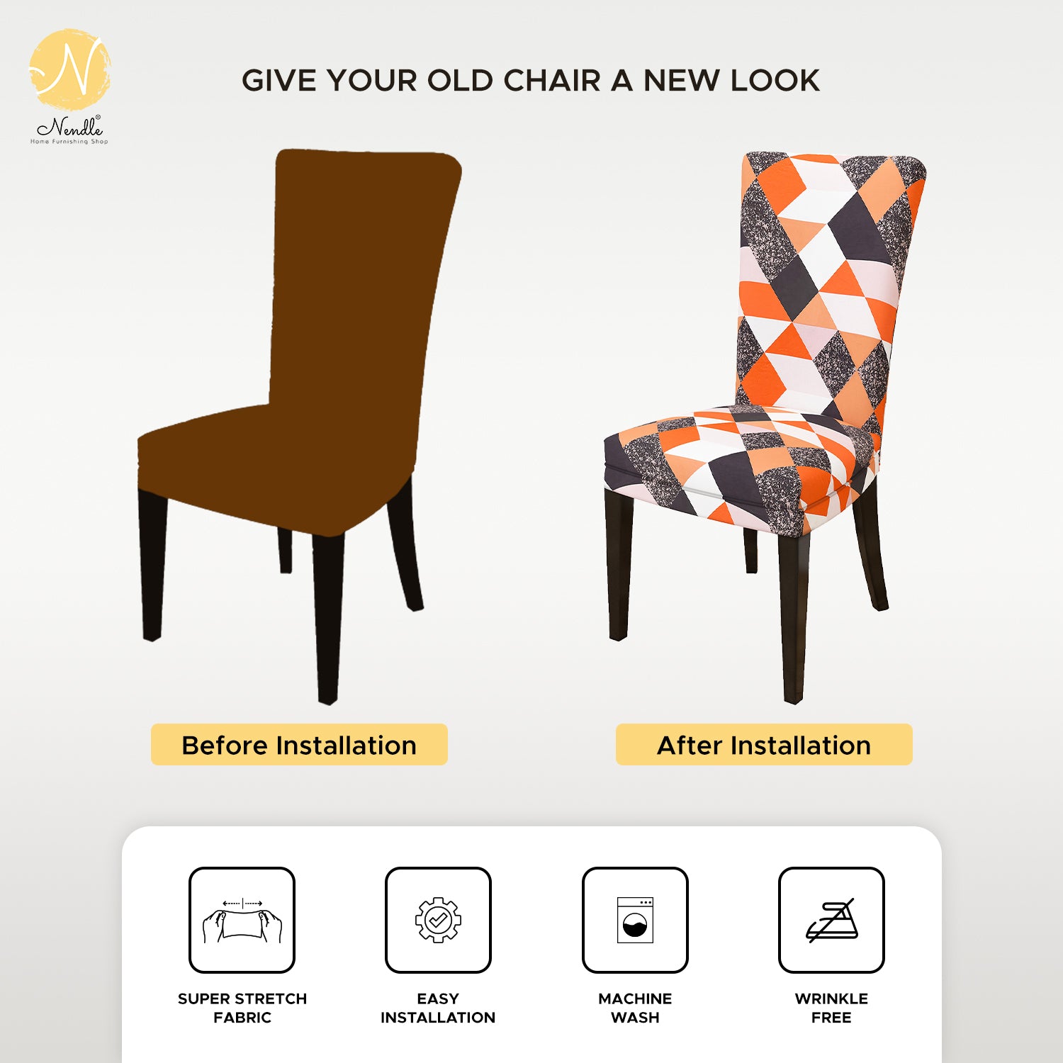 Nendle Elastic/High Stretchable Chair Covers for 4 Seater Dining/Center Table Chairs (4 Pieces, Orange)