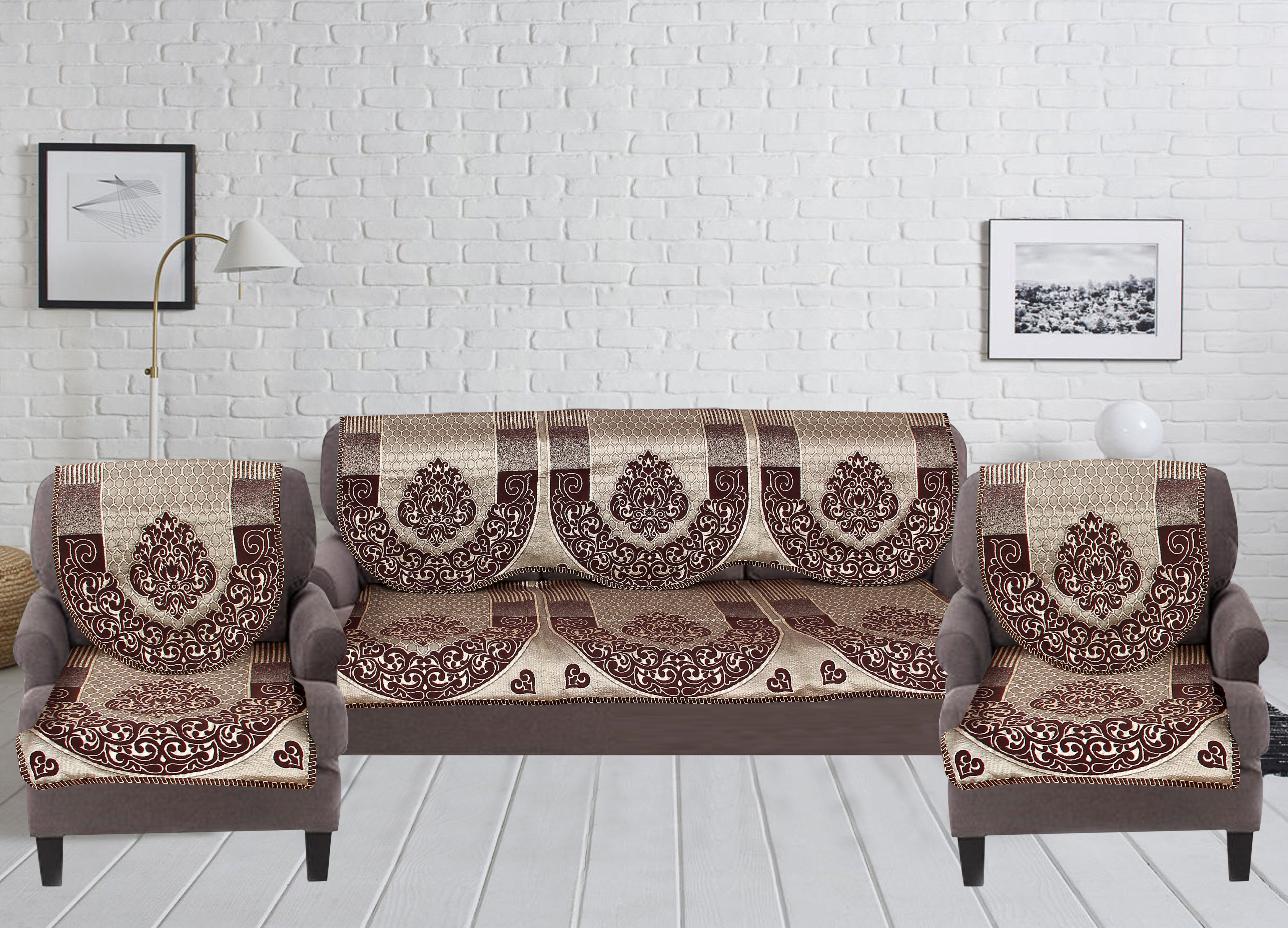 Nendle Damask Design Concept Sofa Set Covers 5 Seater with 80% Cotton & 20% Jute (Brown, Pack of 6)