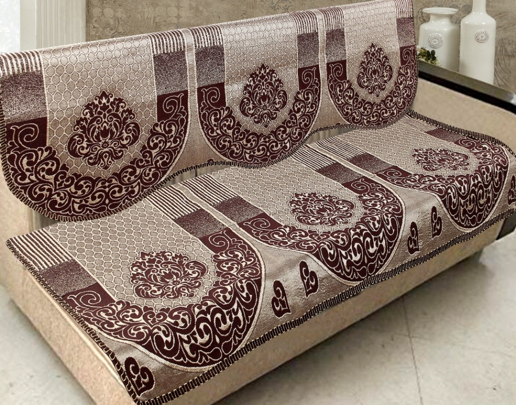 Nendle Damask Design Concept Sofa Set Covers 5 Seater with 80% Cotton & 20% Jute (Brown, Pack of 6)