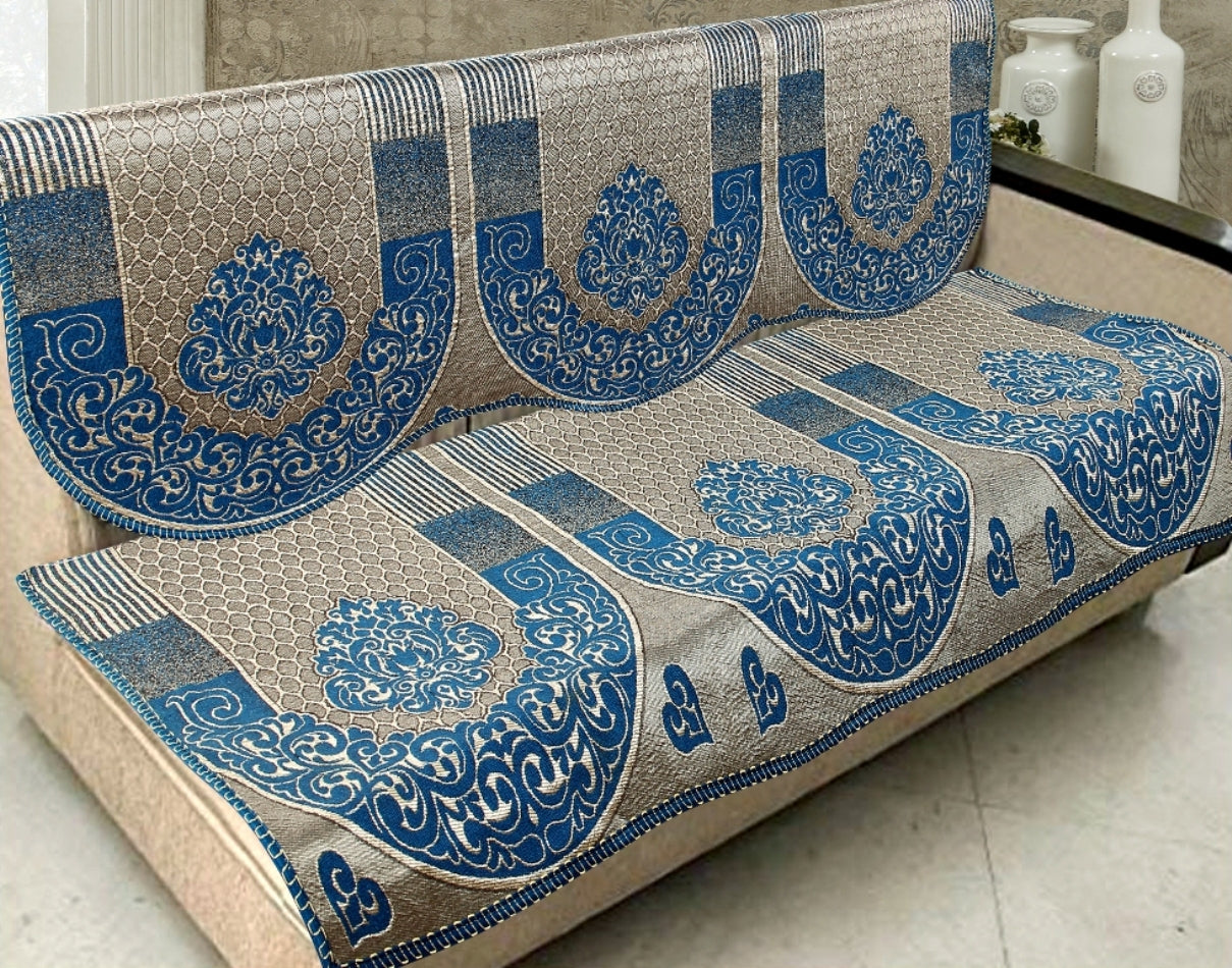 Nendle Damask Design Concept Sofa Set Covers 5 Seater with 80% Cotton & 20% Jute (Sky Blue, Pack of 6)