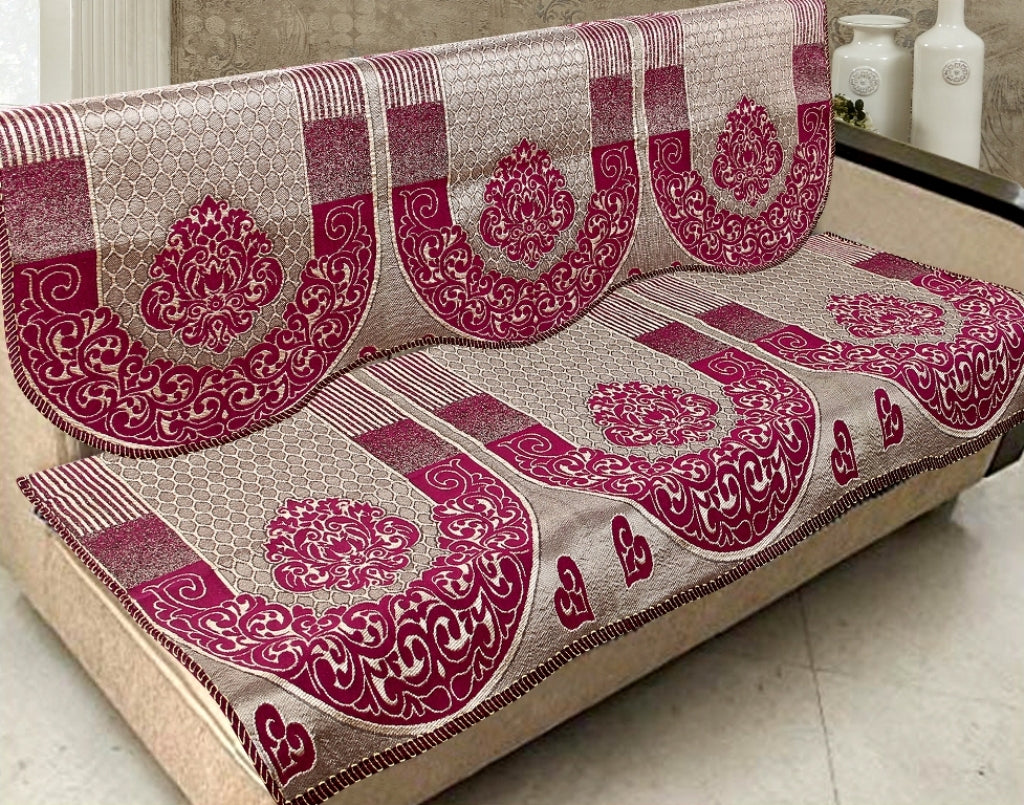 Nendle Damask Design Concept Sofa Set Covers 5 Seater with 80% Cotton & 20% Jute (Dark Pink, Pack of 6)