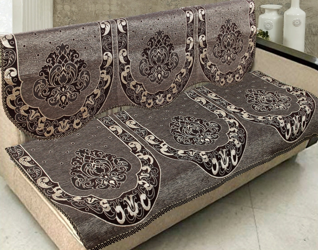 Nendle Damask Design Concept Sofa Set Covers 5 Seater with 80% Cotton & 20% Jute (Dusky Brown, Pack of 6)