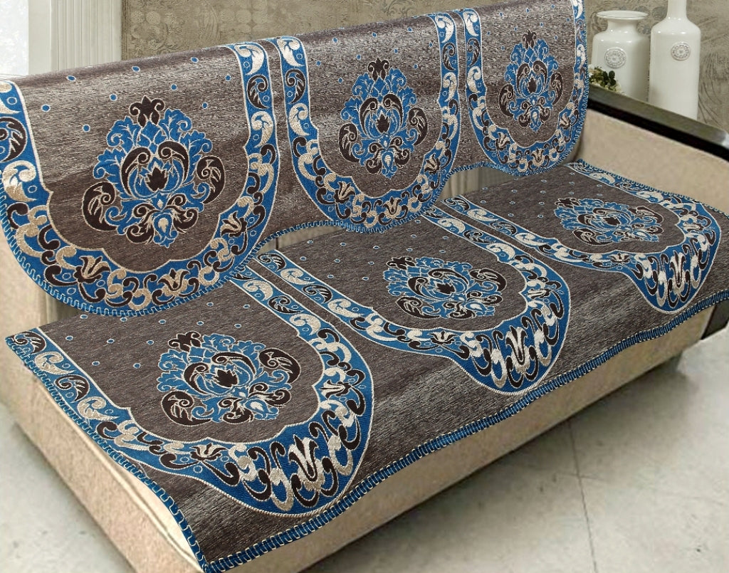 Nendle Damask Design Concept Sofa Set Covers 5 Seater with 80% Cotton & 20% Jute (Sky Blue, Pack of 6)