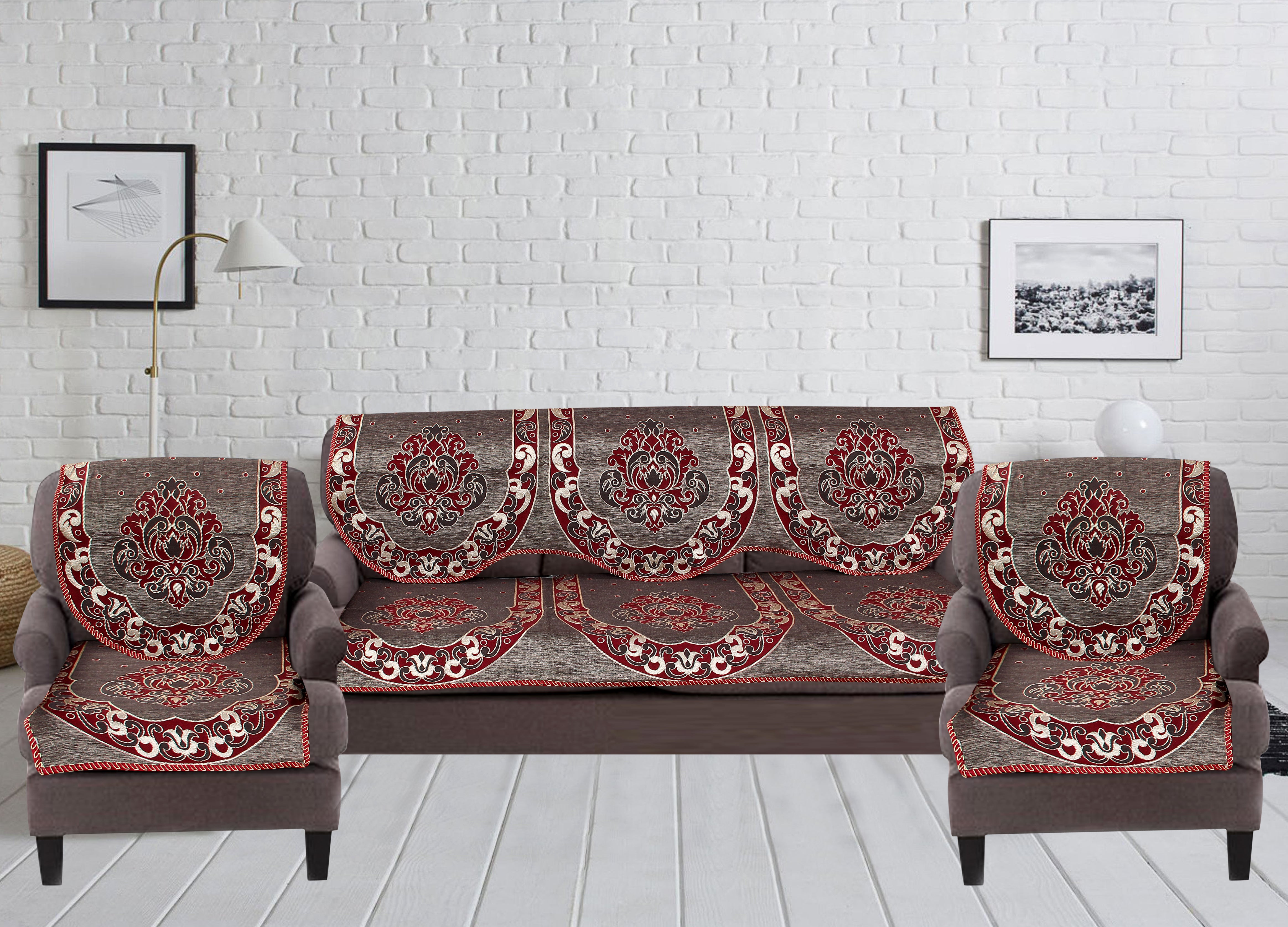 Nendle Damask Design Concept Sofa Set Covers 5 Seater with 80% Cotton & 20% Jute (Dark Maroon, Pack of 6)