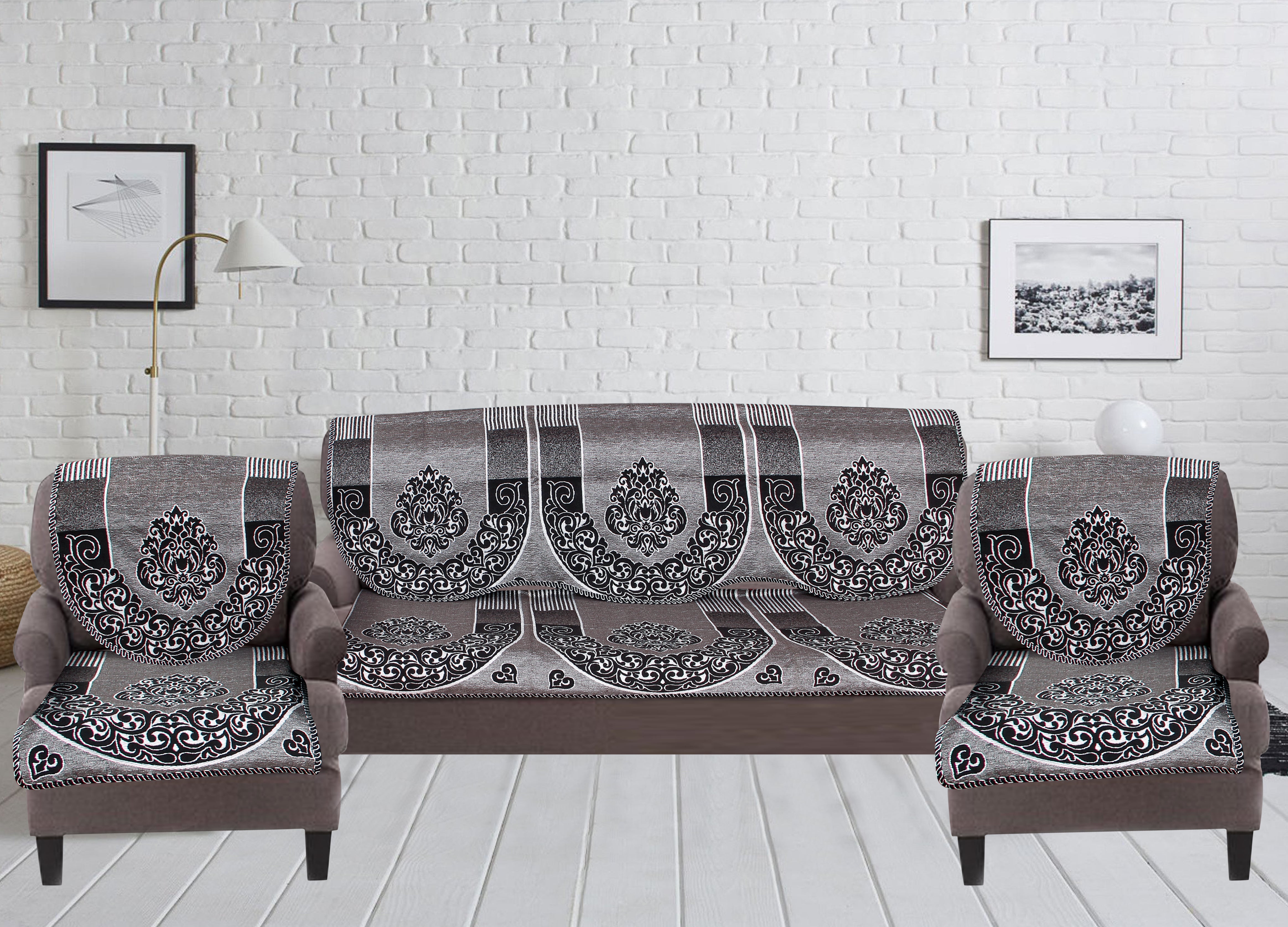 Nendle Damask Design Concept Sofa Set Covers 5 Seater with 80% Cotton & 20% Jute (Black, Pack of 6)