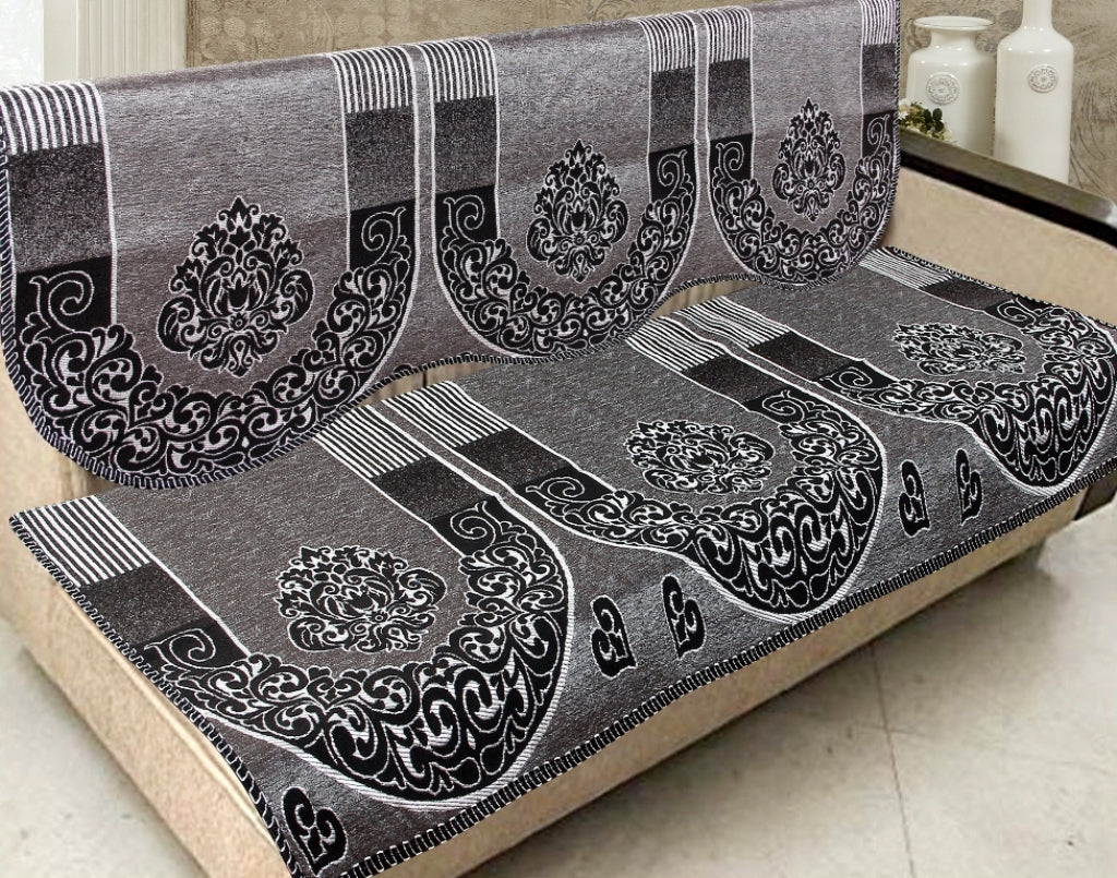 Nendle Damask Design Concept Sofa Set Covers 5 Seater with 80% Cotton & 20% Jute (Black, Pack of 6)