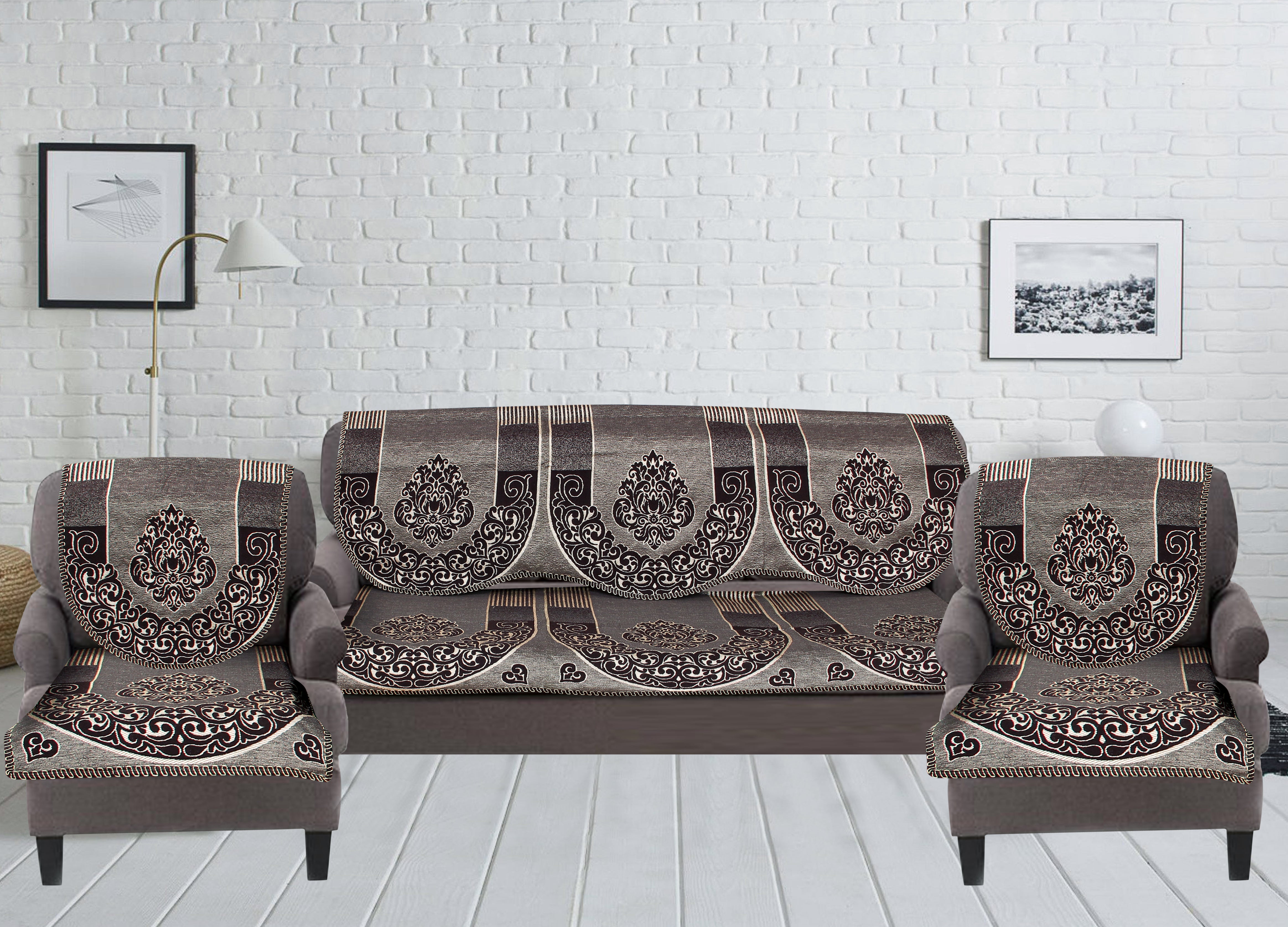 Nendle Damask Design Concept Sofa Set Covers 5 Seater with 80% Cotton & 20% Jute (Brown, Pack of 6)