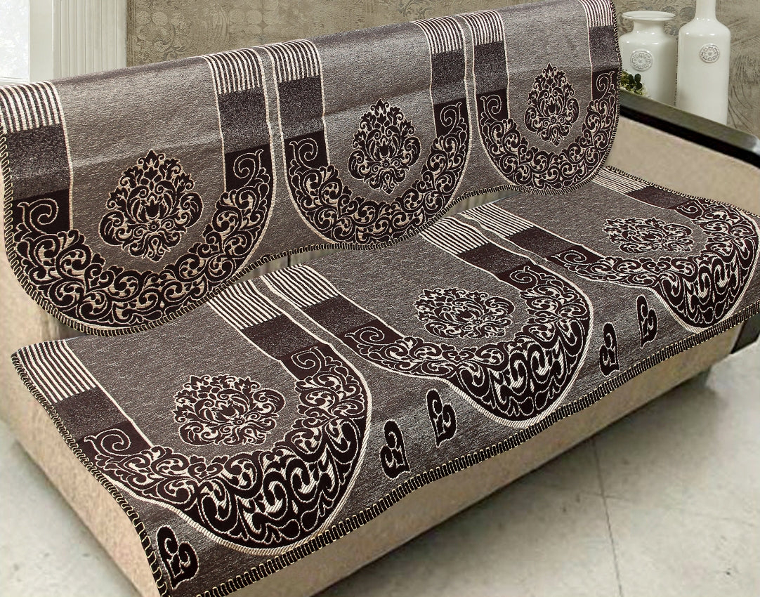 Nendle Damask Design Concept Sofa Set Covers 5 Seater with 80% Cotton & 20% Jute (Brown, Pack of 6)