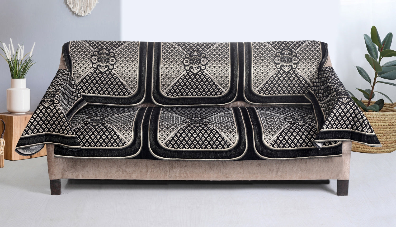 Nendle Velvet Fabric Sofa Cover Set of 5 Seater With 6 Pieces Arms Cover (Black, 12 Pieces)