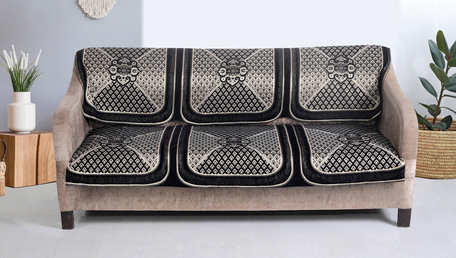 Nendle Velvet Fabric Sofa Cover Set of 5 Seater (Black, 6 Pieces)