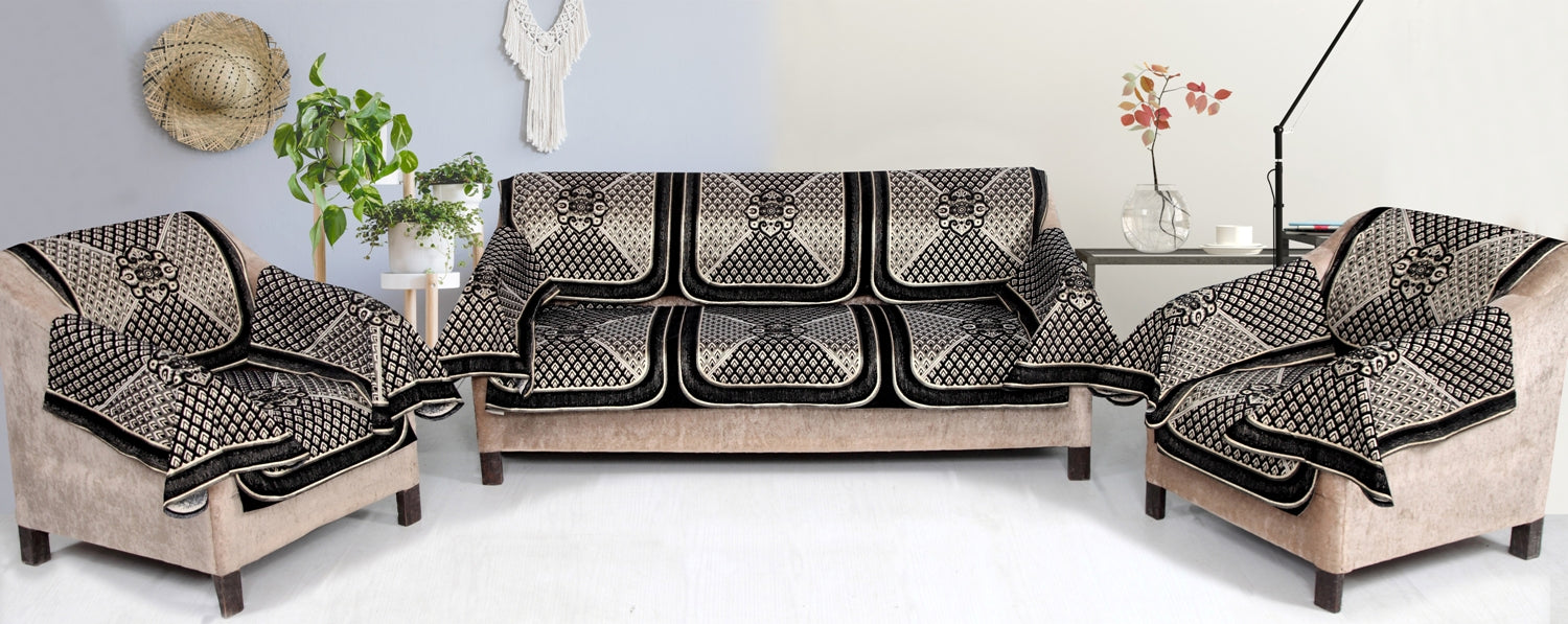 Nendle Velvet Fabric Sofa Cover Set of 5 Seater With 6 Pieces Arms Cover (Black, 12 Pieces)