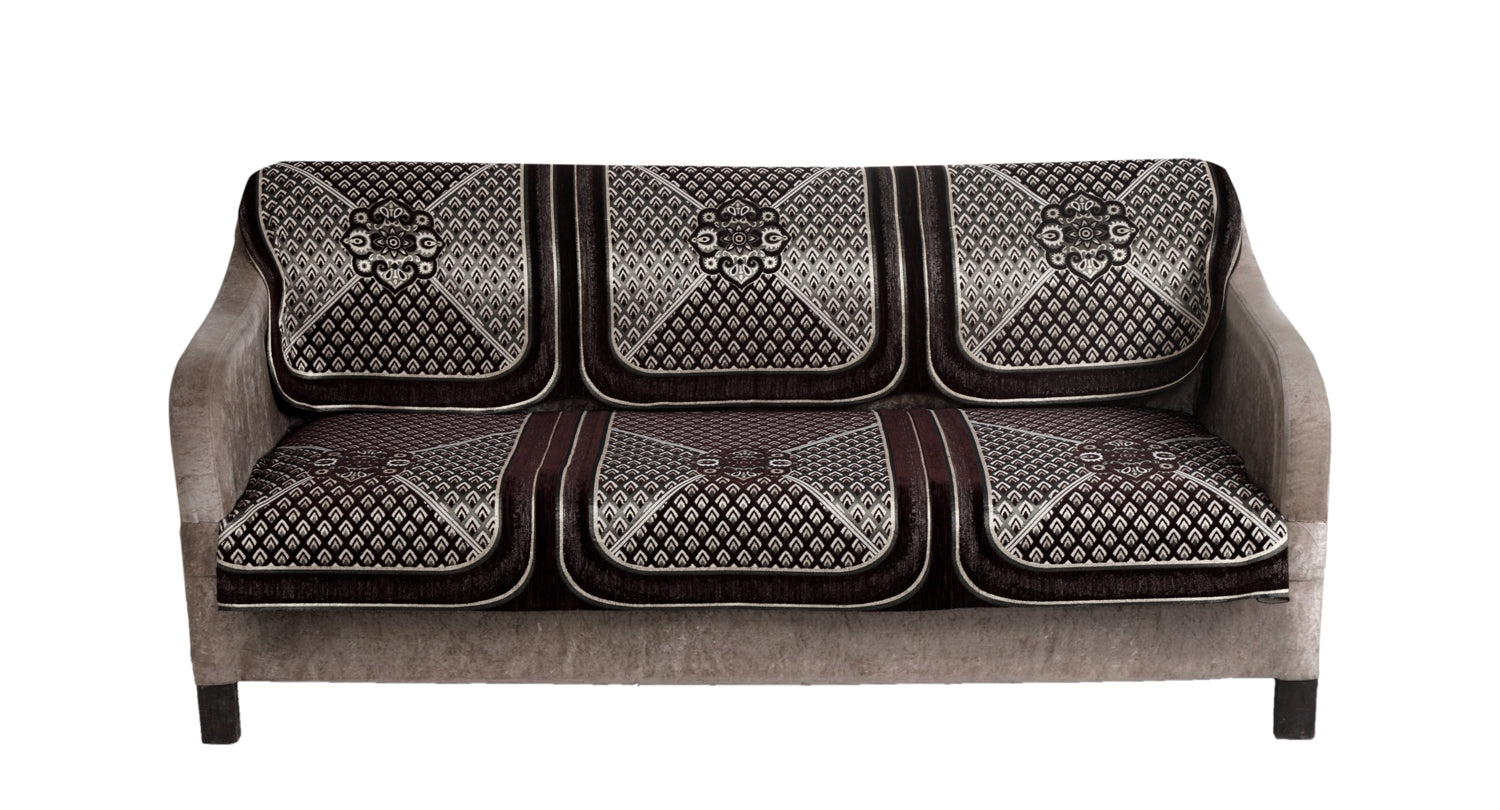 Nendle Chenille Jacquard Weaved Velvet Fabric Sofa Cover Set of 3 Seater (Brown, 2 Pieces)