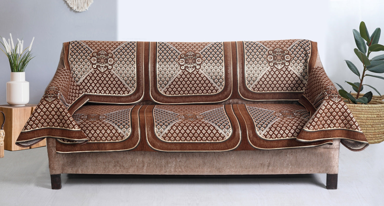 Nendle Velvet Fabric Sofa Cover Set of 5 Seater With 6 Pieces Arms Cover (Camel, 12 Pieces)