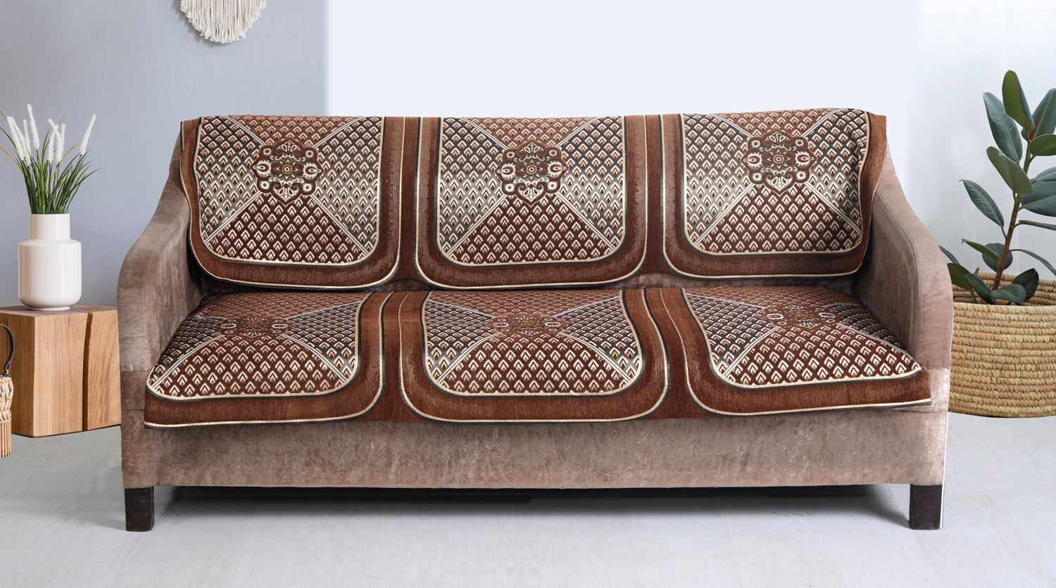 Nendle Chenille Jacquard Weaved Velvet Fabric Sofa Cover Set of 3 Seater Velvet (Camel, 2 Pieces)