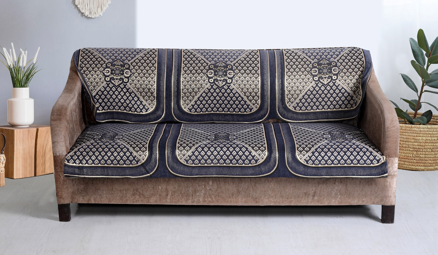 Nendle Velvet Fabric Sofa Cover Set of 5 Seater (Grey, 6 Pieces)