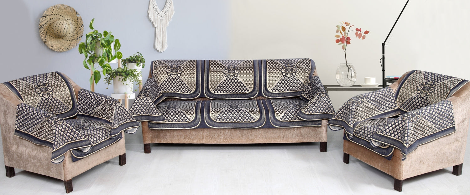 Nendle Velvet Fabric Sofa Cover Set of 5 Seater With 6 Pieces Arms Cover (Grey, 12 Pieces)