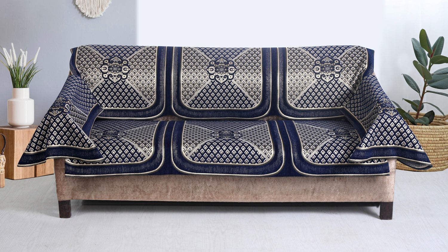 Nendle Velvet Fabric Sofa Cover Set of 5 Seater With 6 Pieces Arms Cover (Navy Blue, 12 Pieces)