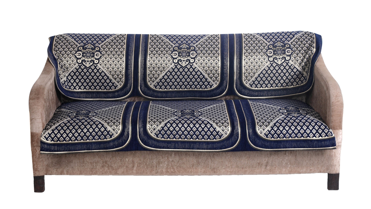 Nendle Chenille Jacquard Weaved Velvet Fabric 3 Seater Sofa Cover (Navy Blue, Set of 2 Pieces)