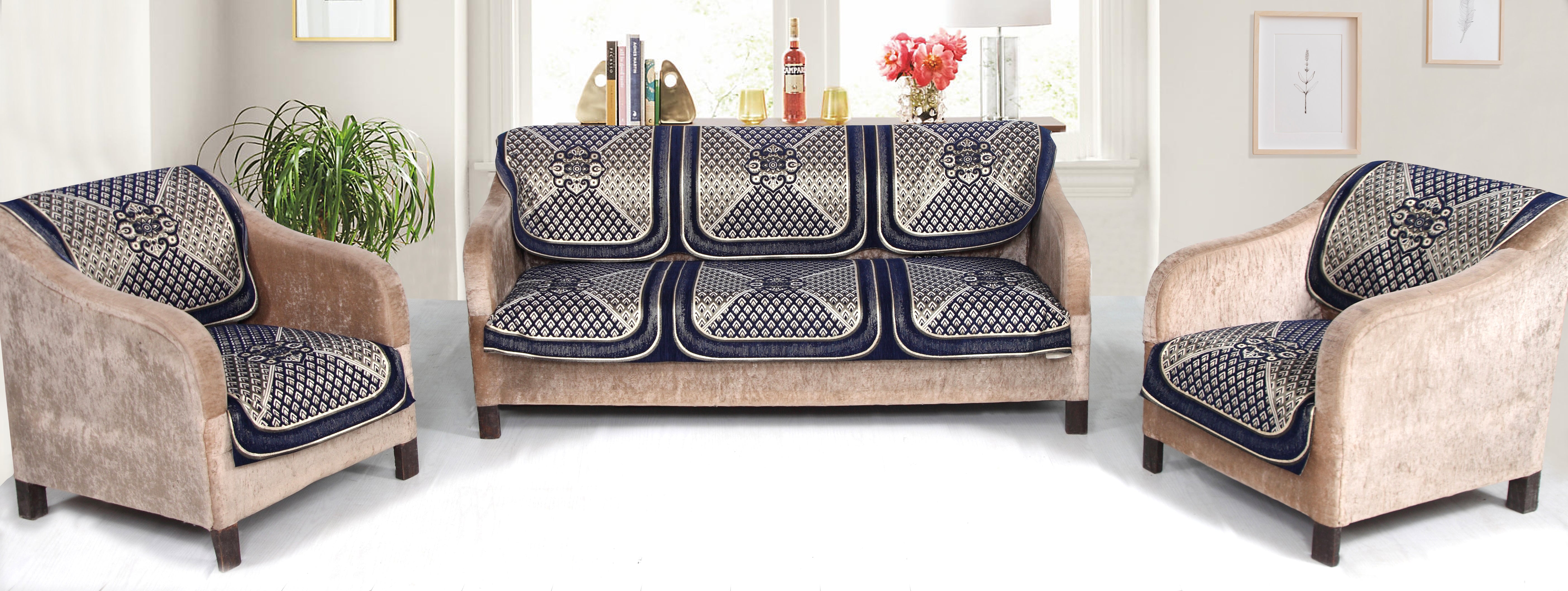 Nendle Velvet Fabric Sofa Cover Set of 5 Seater (Navy Blue, 6 Pieces)