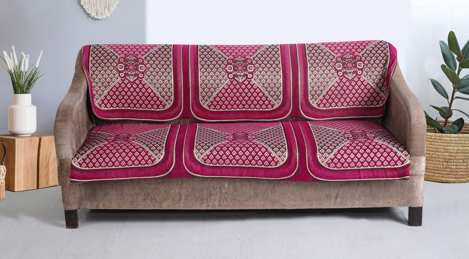 Nendle Chenille Jacquard Weaved Velvet Fabric Sofa Cover Set of 3 Seater (Pink, 2 Pieces)