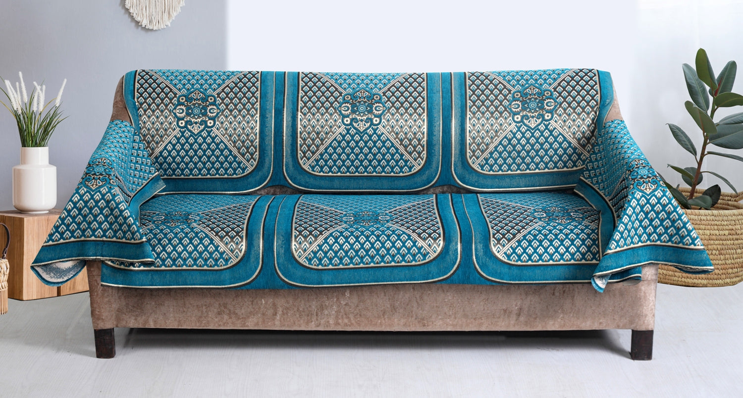 Nendle Velvet Fabric Sofa Cover Set of 5 Seater With 6 Pieces Arms Cover (Sky Blue, 12 Pieces)