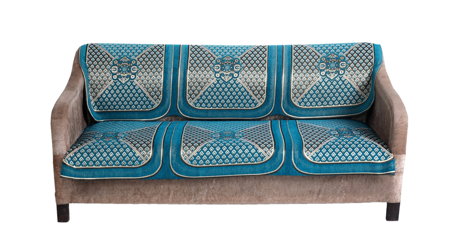 Nendle Chenille Jacquard Weaved Velvet Fabric Sofa Cover Set of 3 Seater (Sky Blue, 2 Pieces)