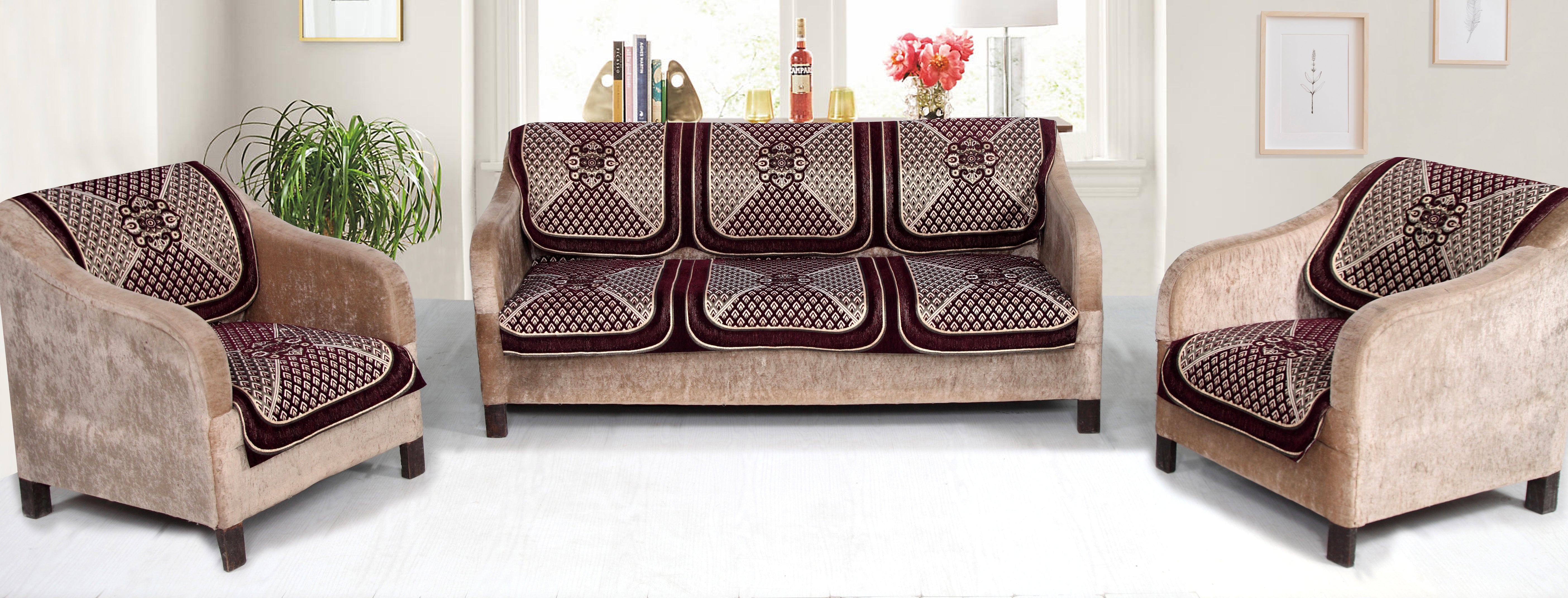 Nendle Velvet Fabric Sofa Cover Set of 5 Seater (Wine, 6 Pieces)