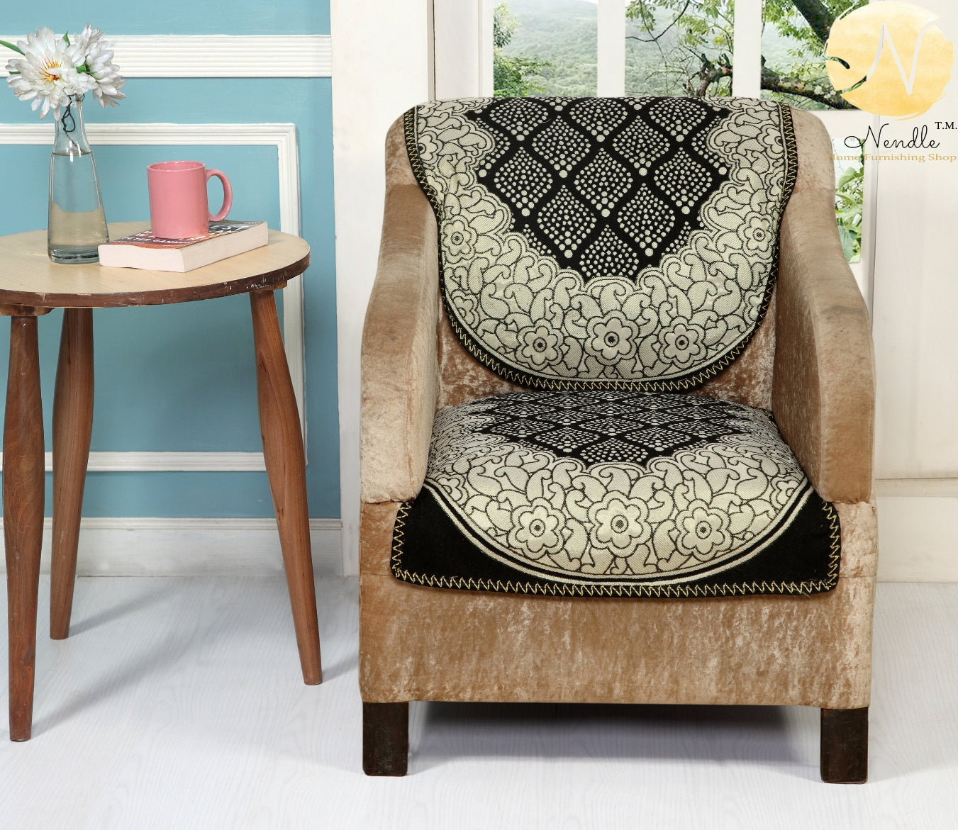 Nendle Luxurious Cotton Polka Dot Design 5 Seater Sofa Cover Set (Black, 6 Pieces)