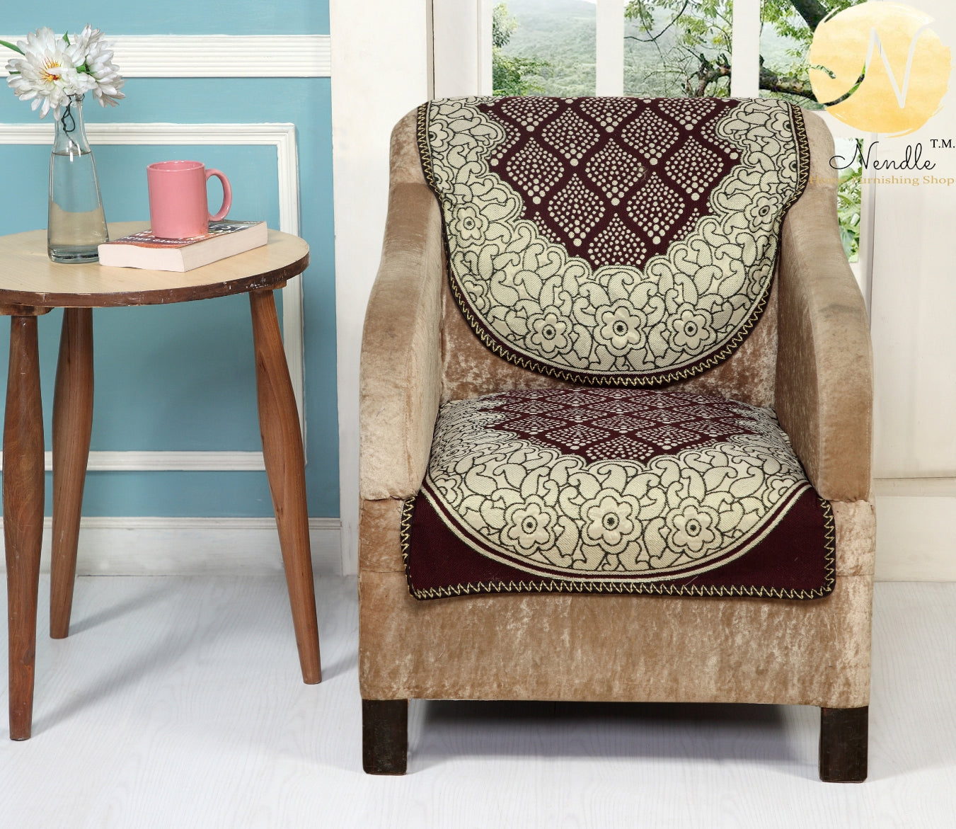 Nendle Luxurious Cotton Polka Dot Design 5 Seater Sofa Cover Set (Brown, 6 Pieces)