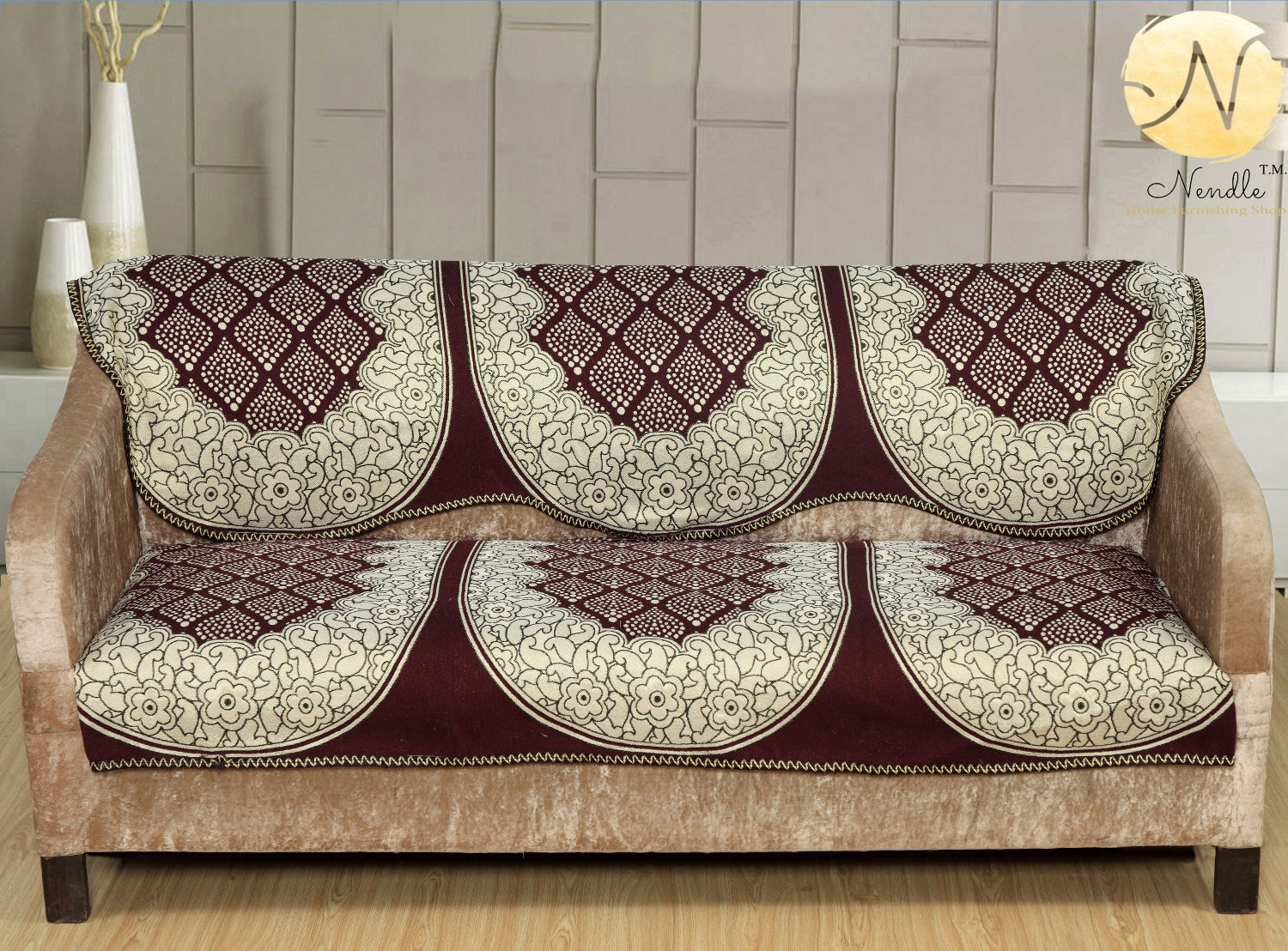 Nendle Luxurious Cotton Polka Dot Design 3 Seater Sofa Cover Set (Brown, 2 Pieces)