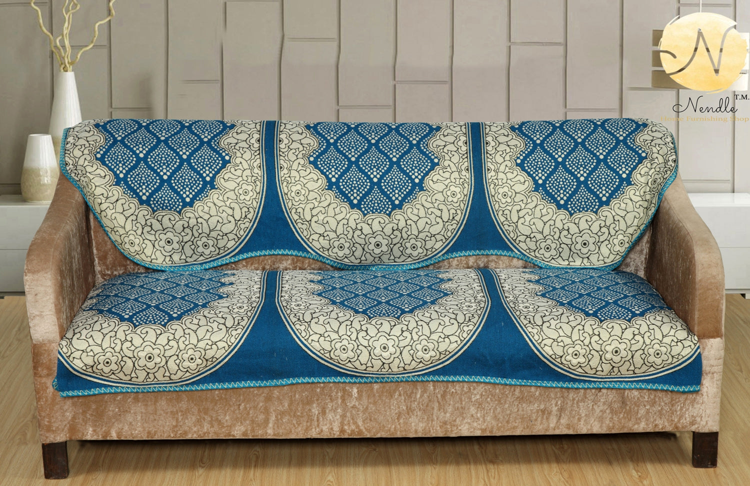 Nendle Luxurious Cotton Polka Dot Design 5 Seater Sofa Cover Set (Sky Blue, 6 Pieces)