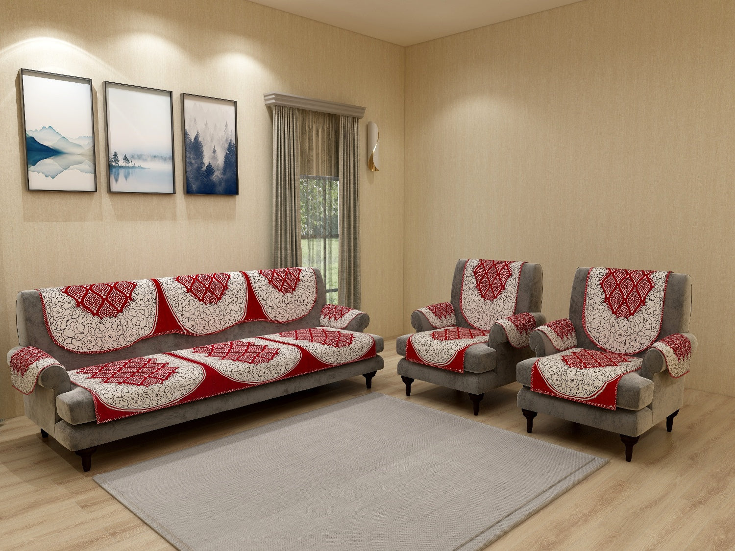 Nendle Luxurious Cotton Polka Dot Design 5 Seater Sofa Cover Set With Arms (Maroon, 12 Pieces)