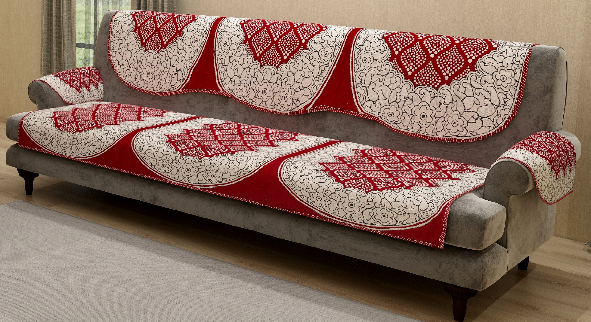 Nendle Luxurious Cotton Polka Dot Design 5 Seater Sofa Cover Set With Arms (Maroon, 12 Pieces)