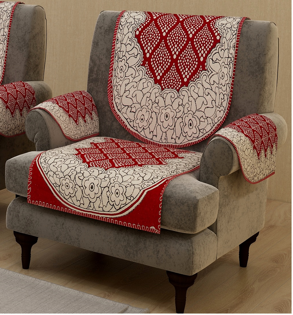 Nendle Luxurious Cotton Polka Dot Design 5 Seater Sofa Cover Set With Arms (Maroon, 12 Pieces)