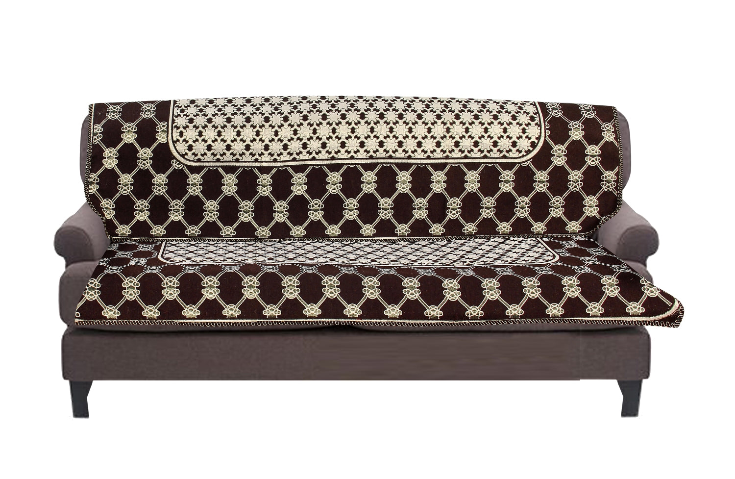Nendle Latest Cotton Abstarct Design 5 Seater Sofa Cover Set for Living Room (Brown, 6 Pieces)