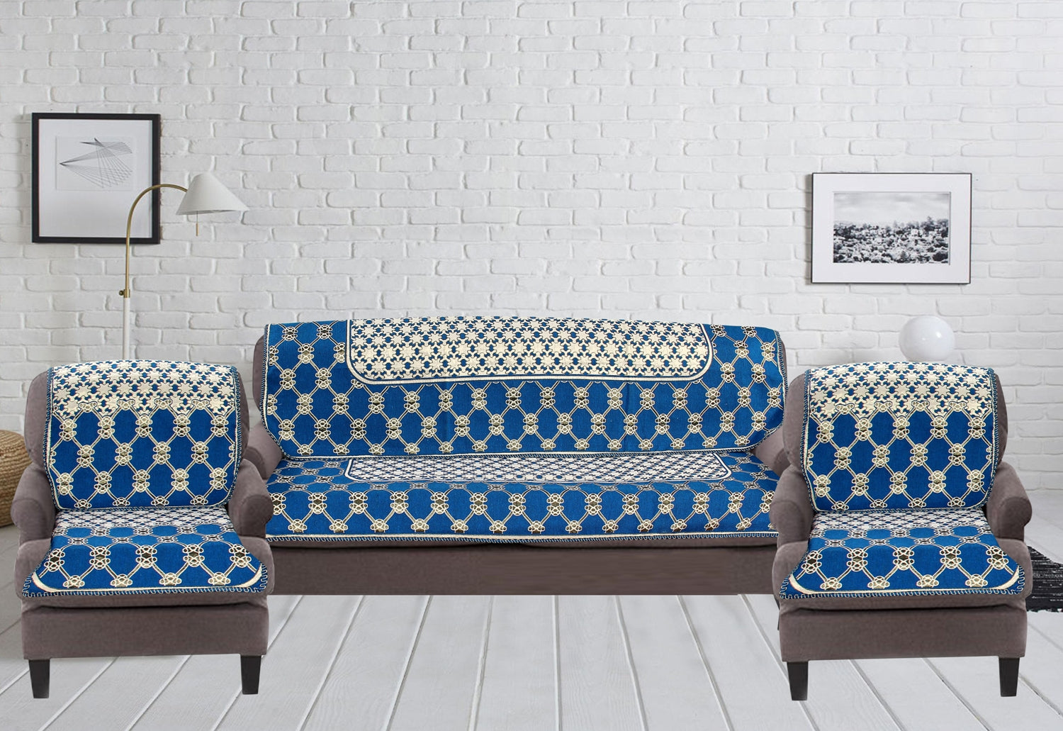 Nendle Latest Cotton Abstarct Design 5 Seater Sofa Cover Set for Living Room (Sky Blue, 6 Pieces)