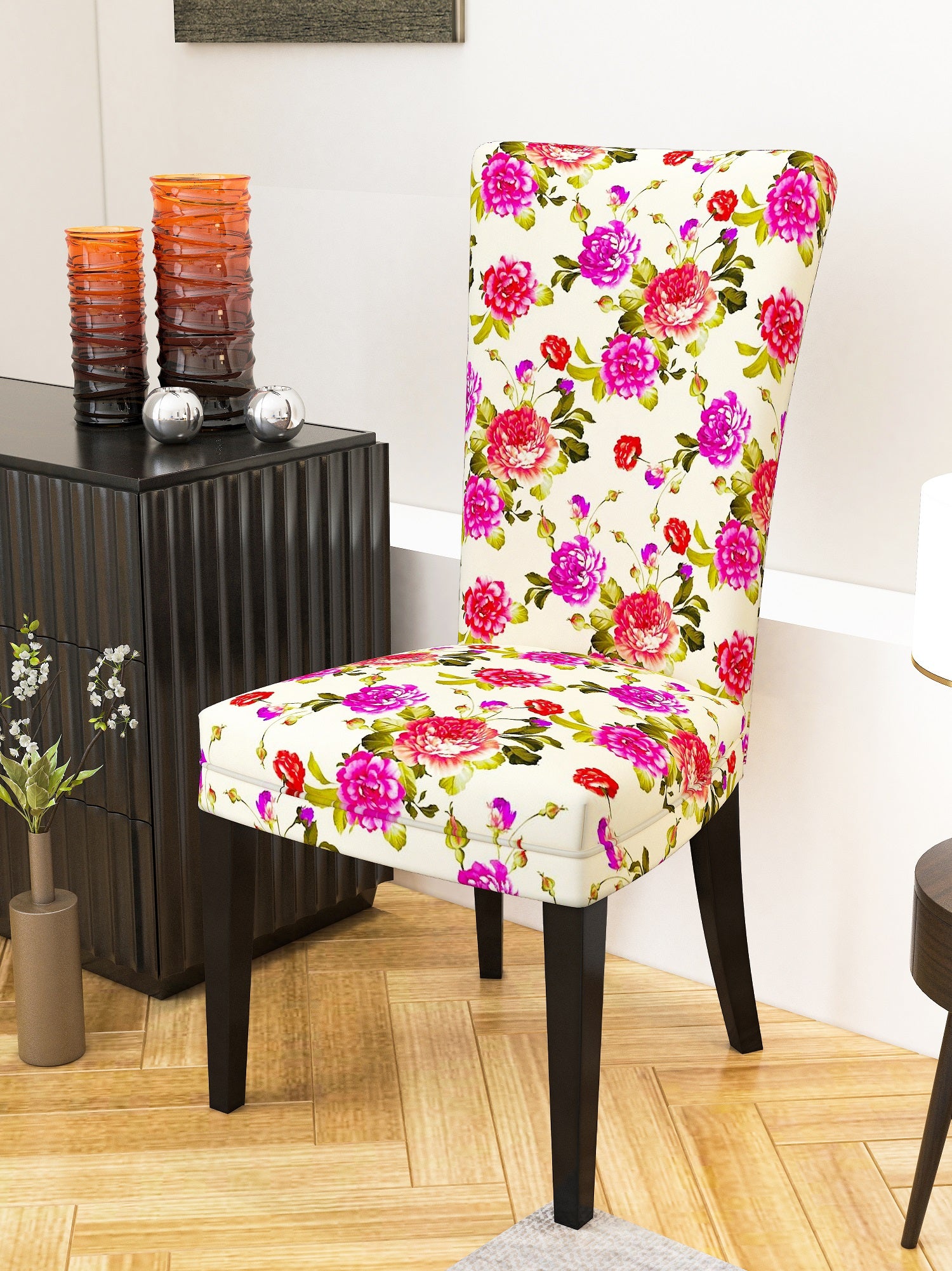 Nendle Microfiber Floral Printed High Stretch Elastic Easy Removable Chair Cover Slipcover Protector (Beige, 1 Piece)