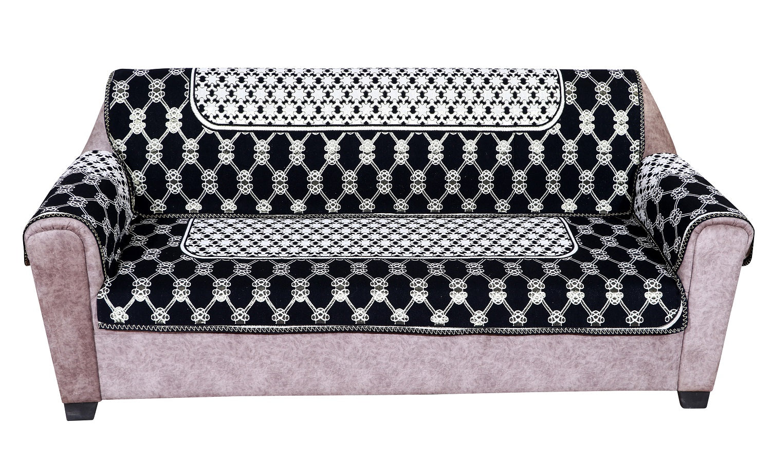 Nendle Latest Cotton Abstract Design 5 Seater Sofa Cover Set with Arms for Living Room (Black, 12 Pieces)