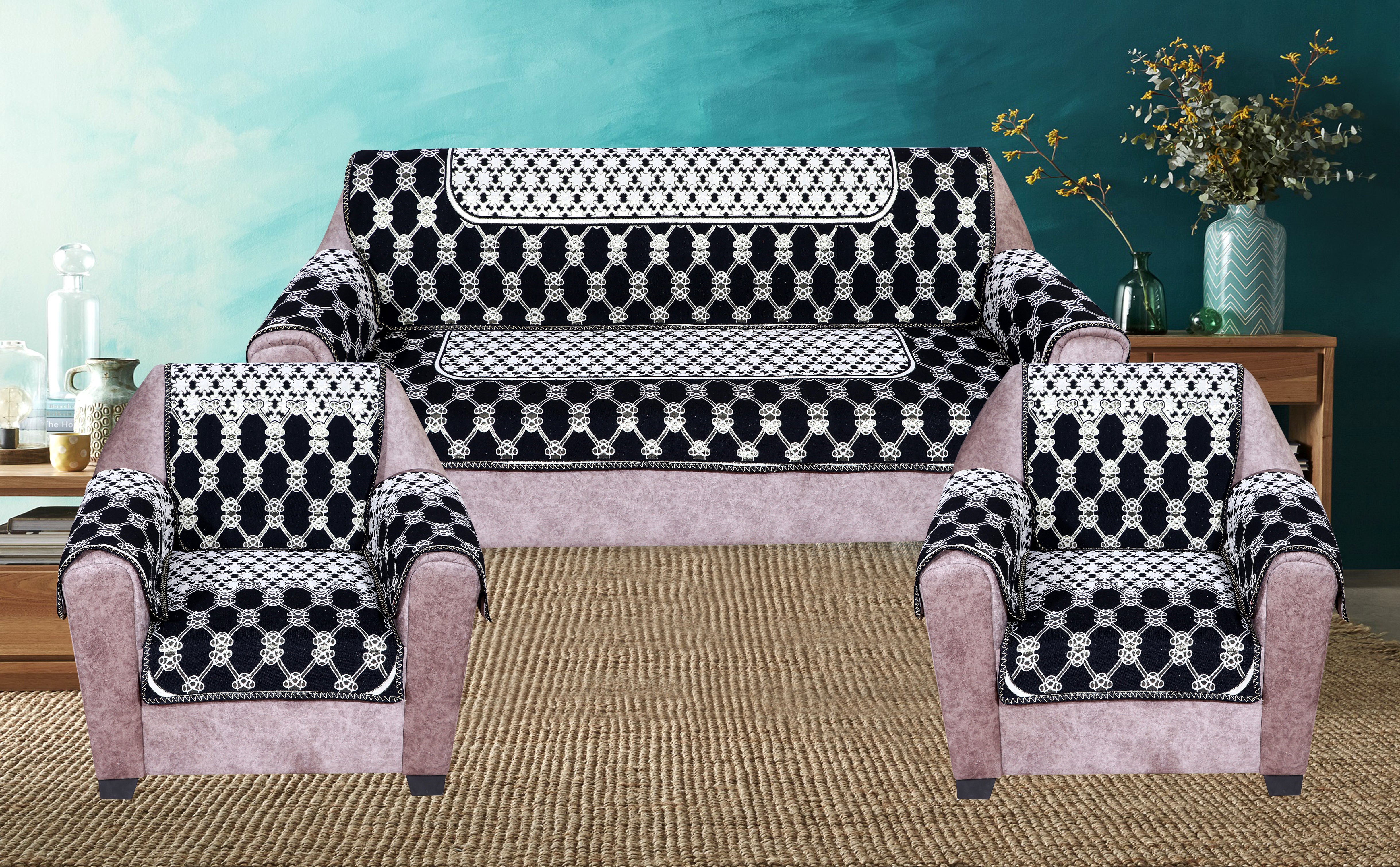 Nendle Latest Cotton Abstract Design 5 Seater Sofa Cover Set with Arms for Living Room (Black, 12 Pieces)