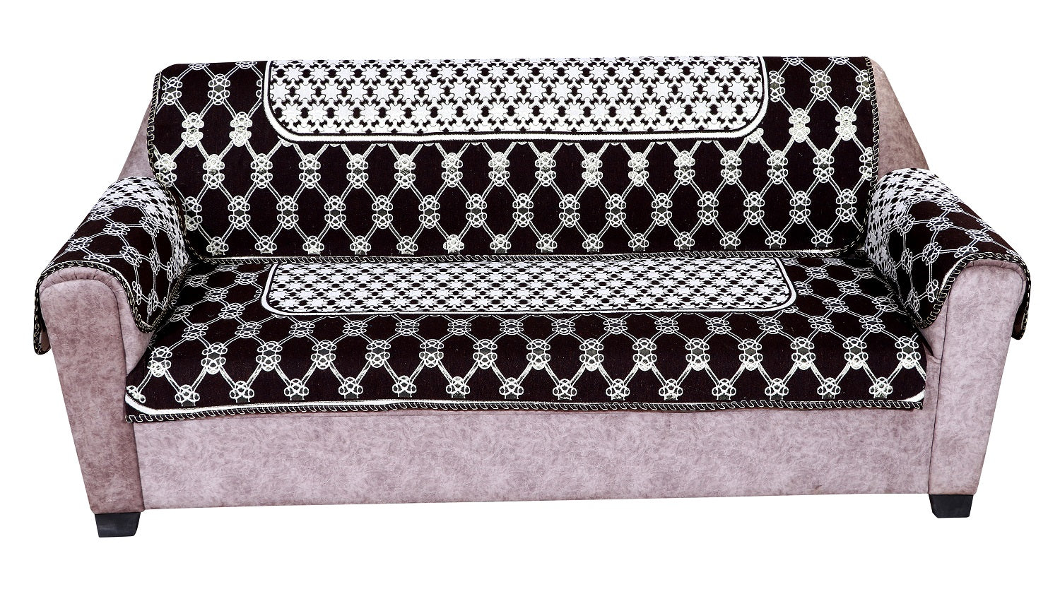 Nendle Latest Cotton Abstract Design 5 Seater Sofa Cover Set with Arms for Living Room (Brown, 12 Pieces)