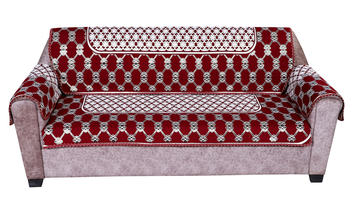 Nendle Latest Cotton Abstract Design 5 Seater Sofa Cover Set with Arms for Living Room (Maroon, 12 Pieces)