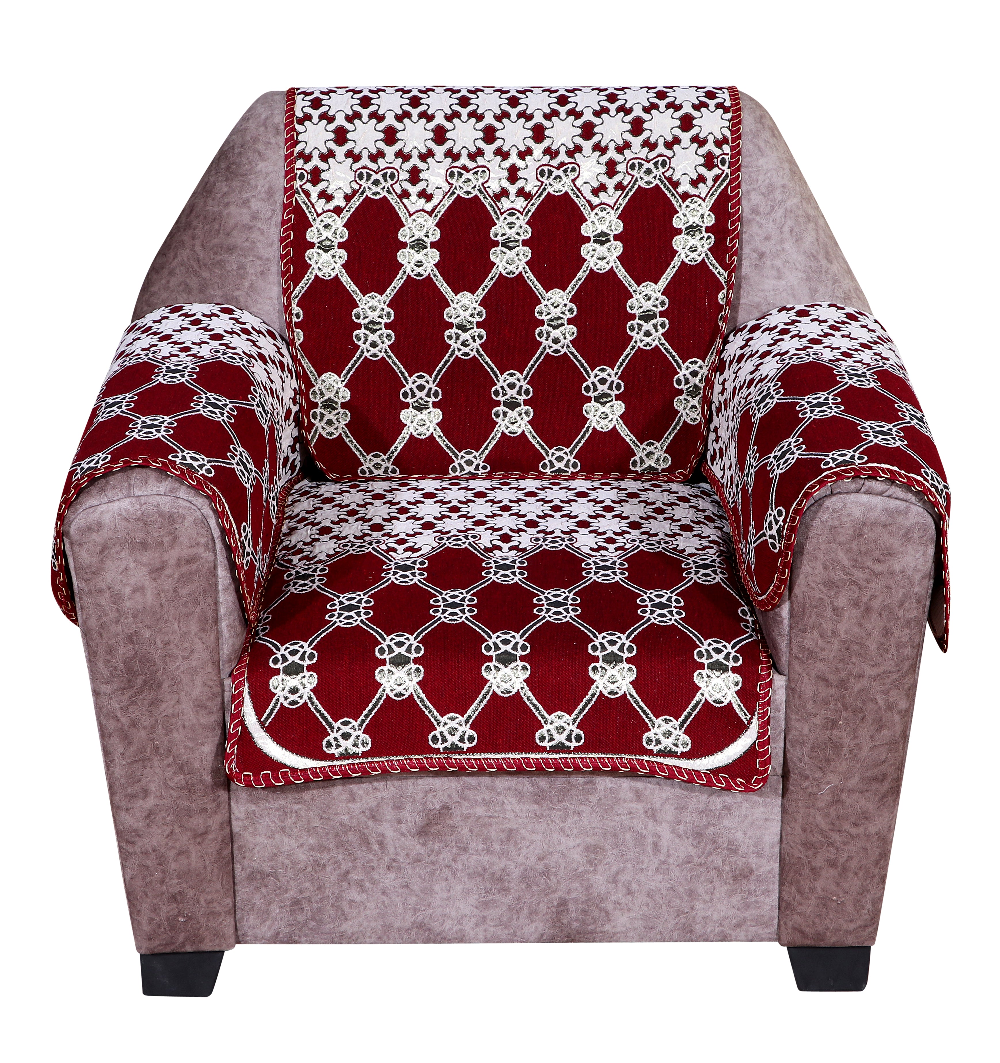 Nendle Latest Cotton Abstract Design 5 Seater Sofa Cover Set with Arms for Living Room (Maroon, 12 Pieces)