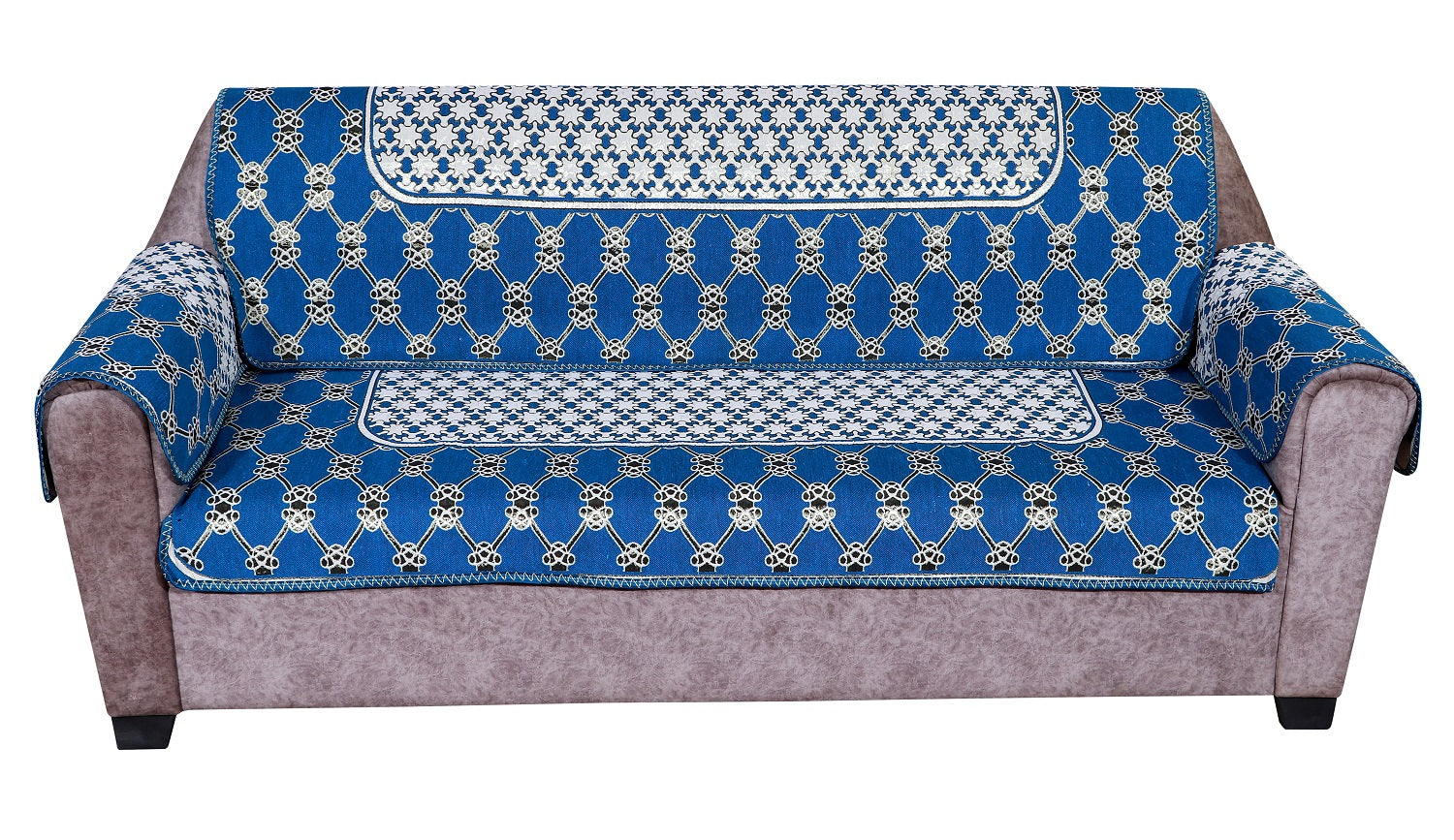 Nendle Latest Cotton Abstract Design 5 Seater Sofa Cover Set with Arms for Living Room (Sky Blue, 12 Pieces)