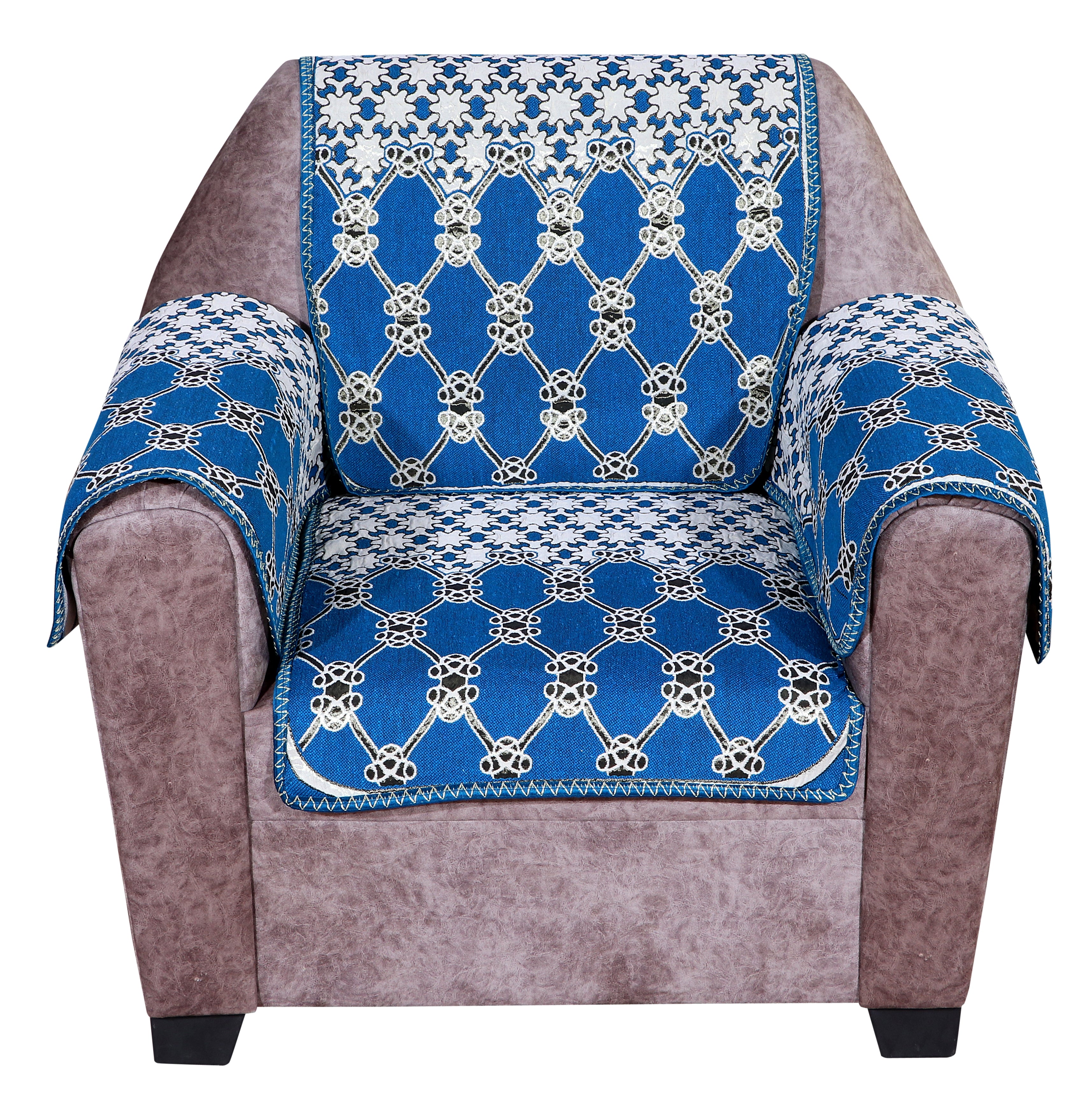 Nendle Latest Cotton Abstract Design 5 Seater Sofa Cover Set with Arms for Living Room (Sky Blue, 12 Pieces)