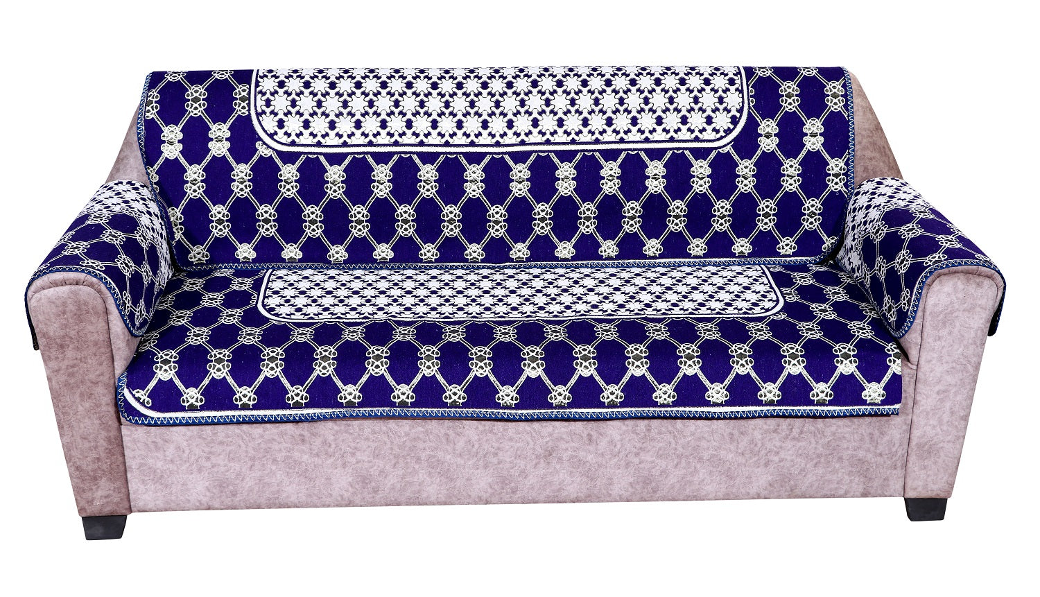 Nendle Latest Cotton Abstract Design 5 Seater Sofa Cover Set with Arms for Living Room (Violet, 12 Pieces)