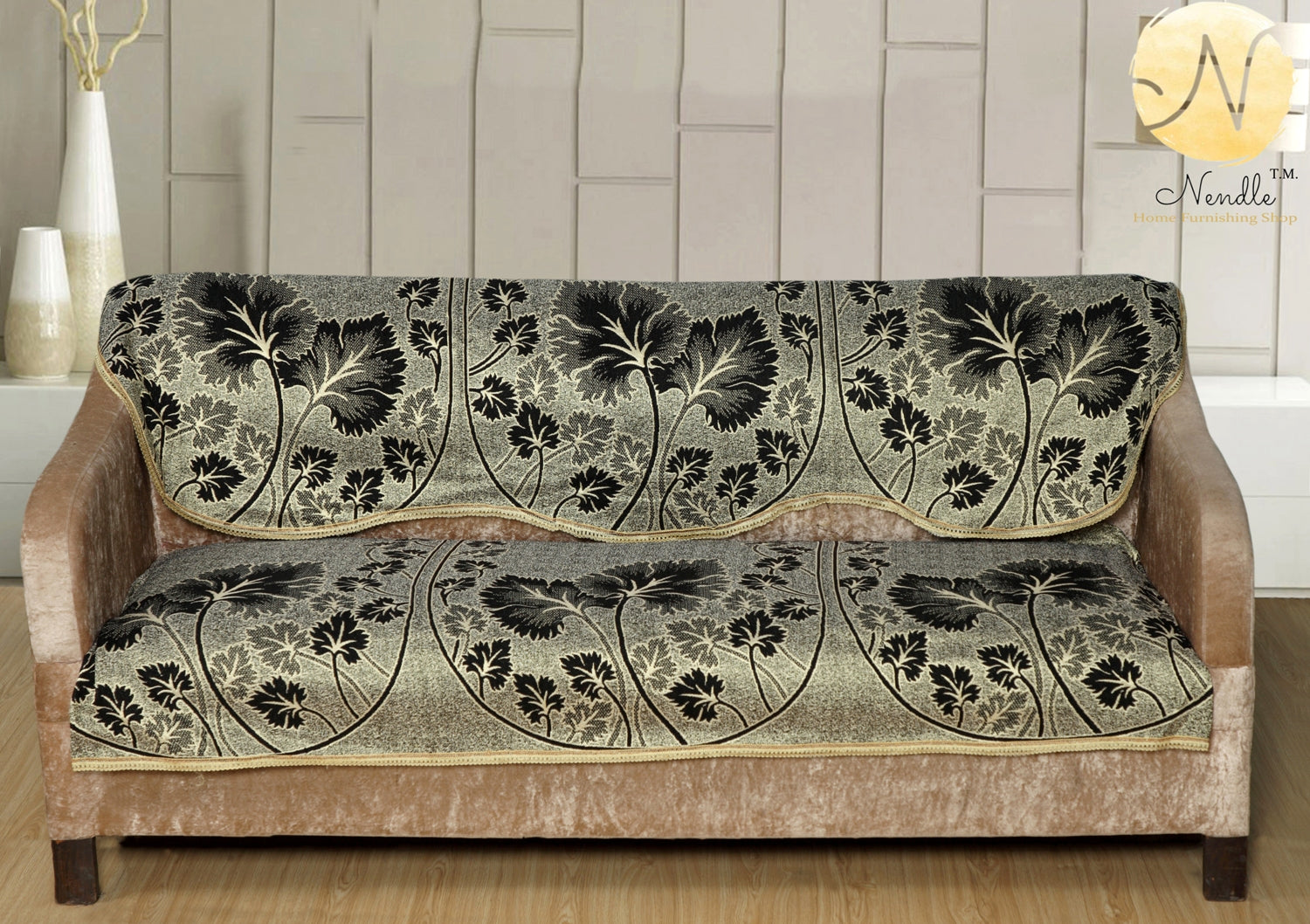 Nendle Poly Cotton Sofa Cover Set of 3+1+1 (Black, 5 Seater)