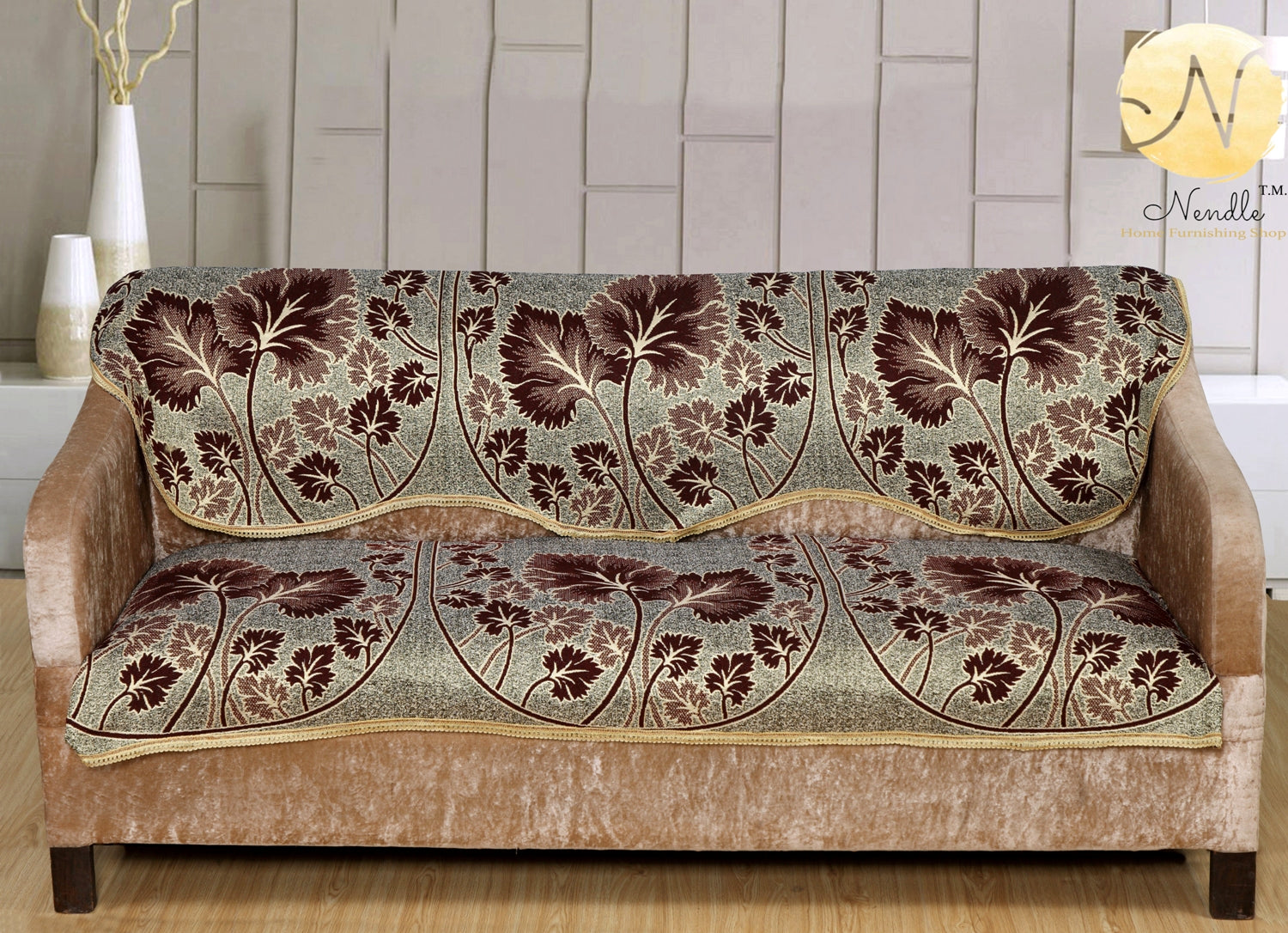Nendle Poly Cotton Sofa Cover Set of 3+1+1 (Brown, 5 Seater)