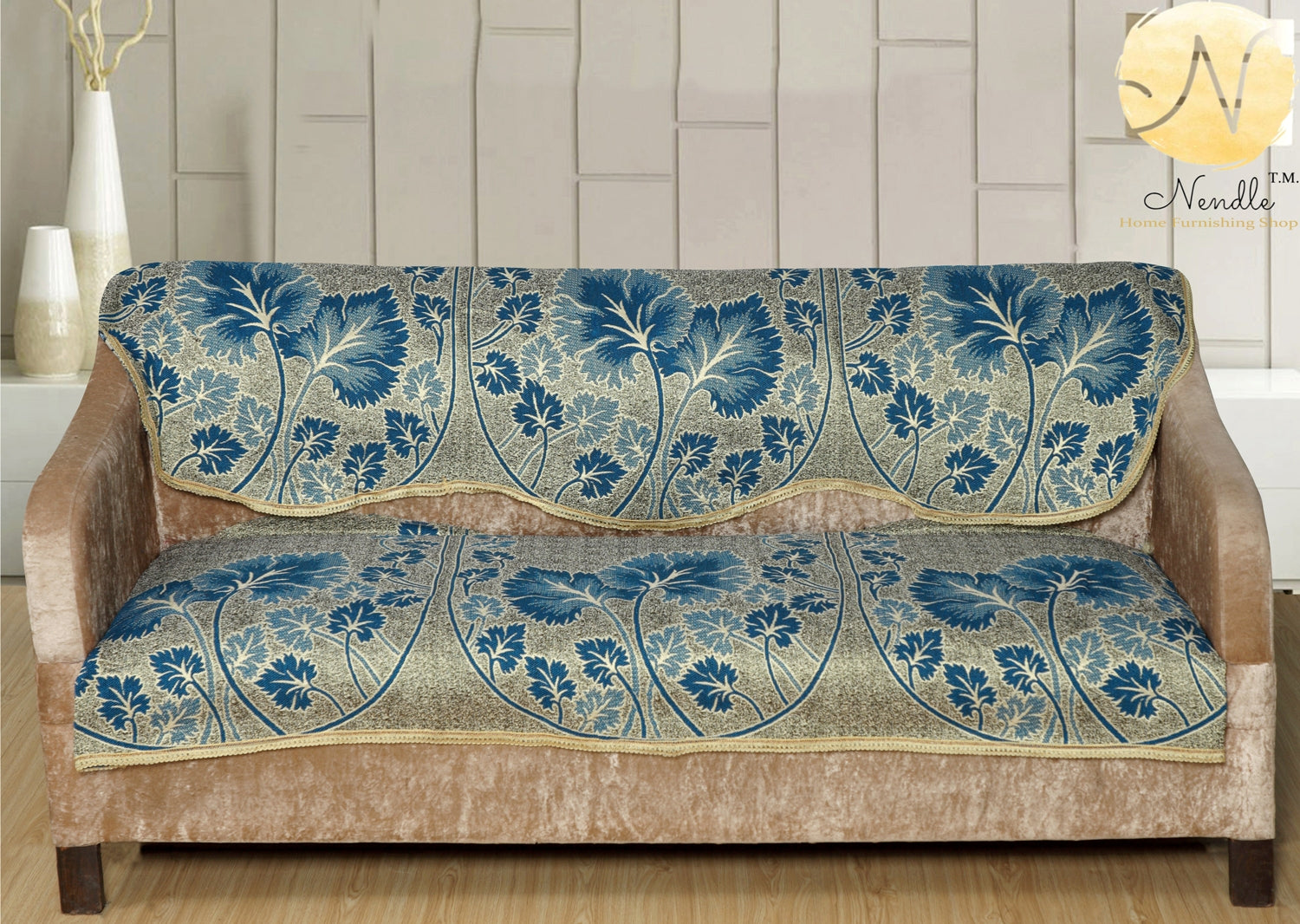 Nendle Poly Cotton Sofa Cover Set of 3+1+1 (Sky Blue, 5 Seater)