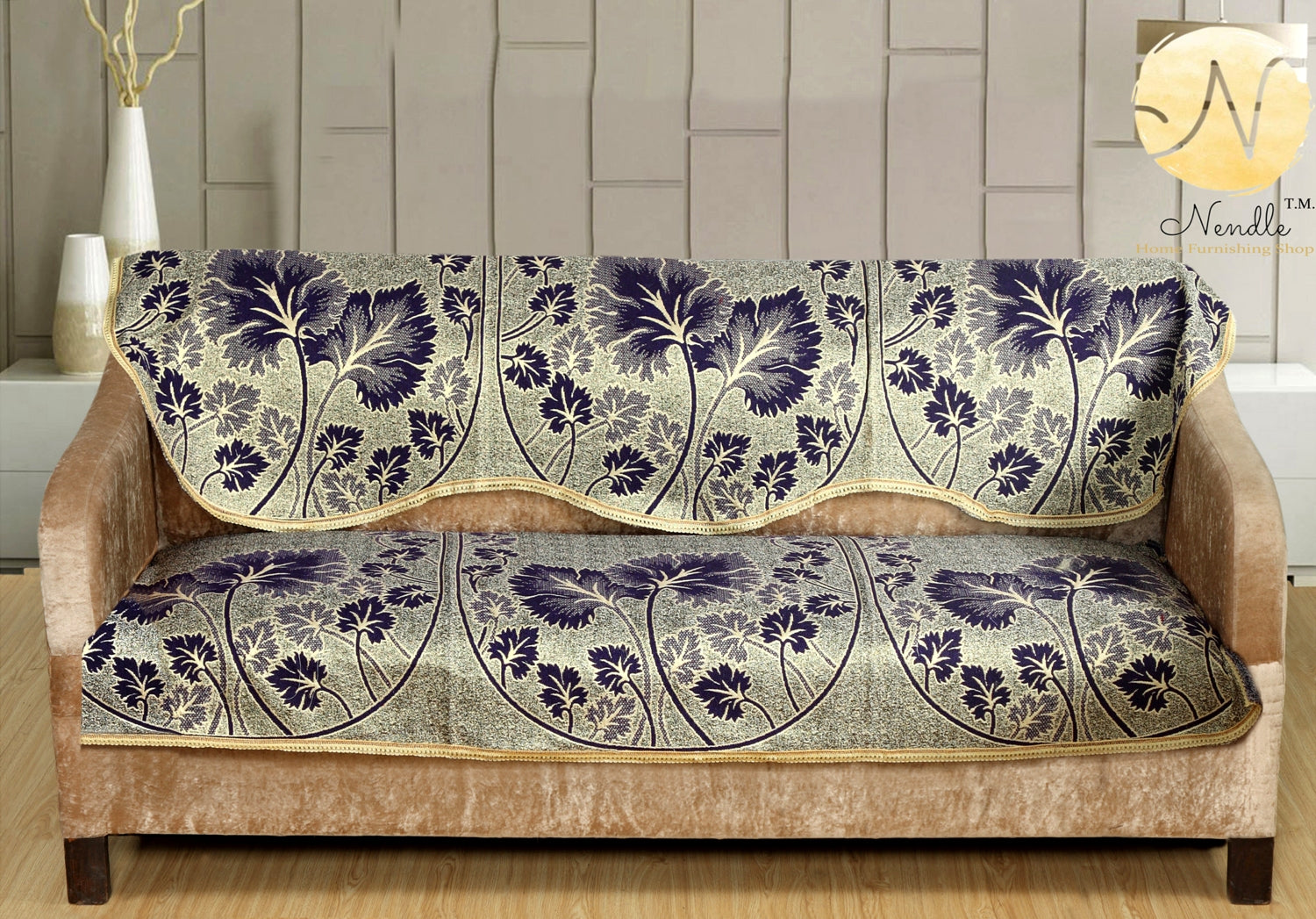 Nendle Poly Cotton Sofa Cover Set of 3+1+1 (Purple, 5 Seater)